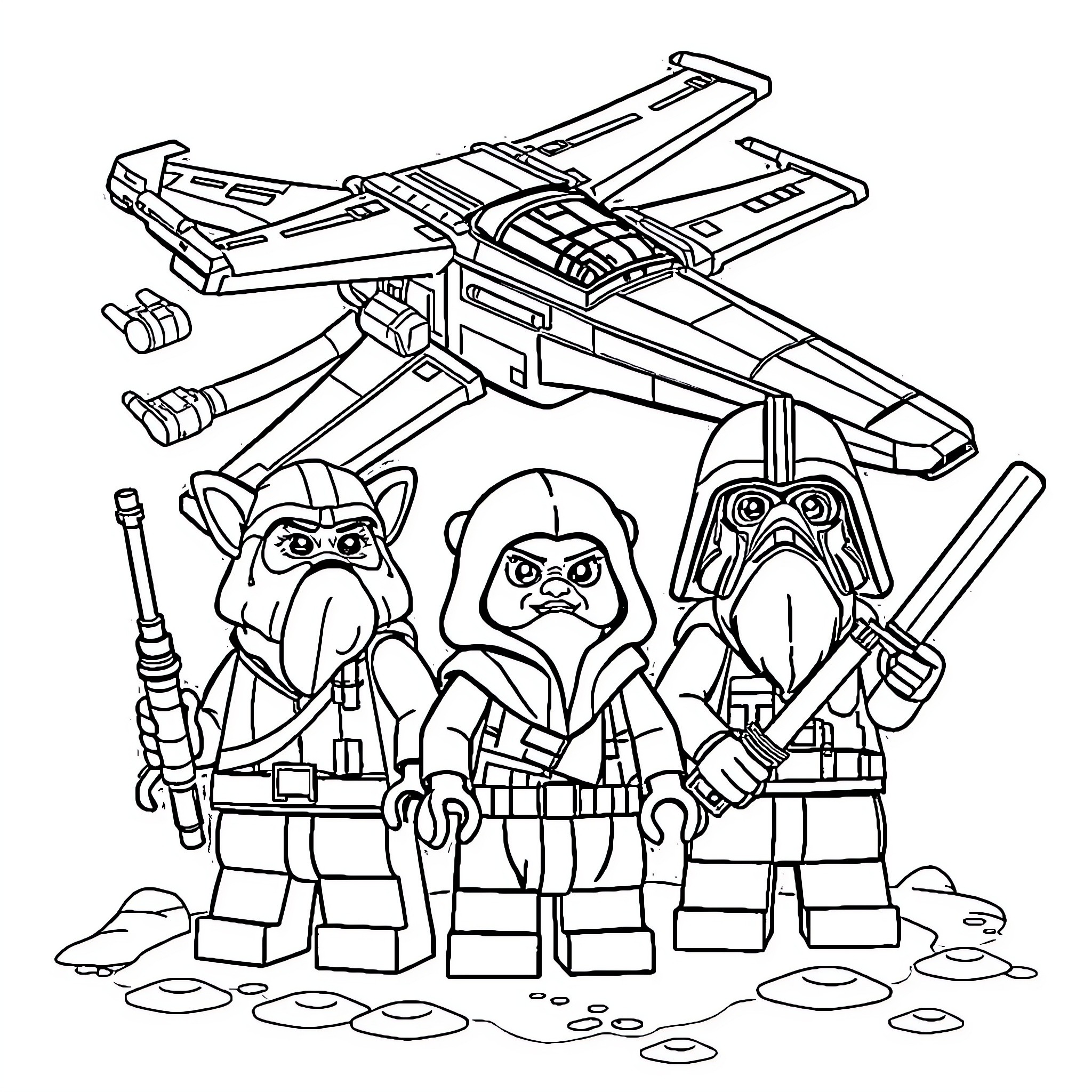 Ewok Rebels Battling with Star Wars Spacecraft Coloring Page (free black-and-white line drawing printable PDF for all, from beginners to advanced learners, including children, teens, adults, and seniors)