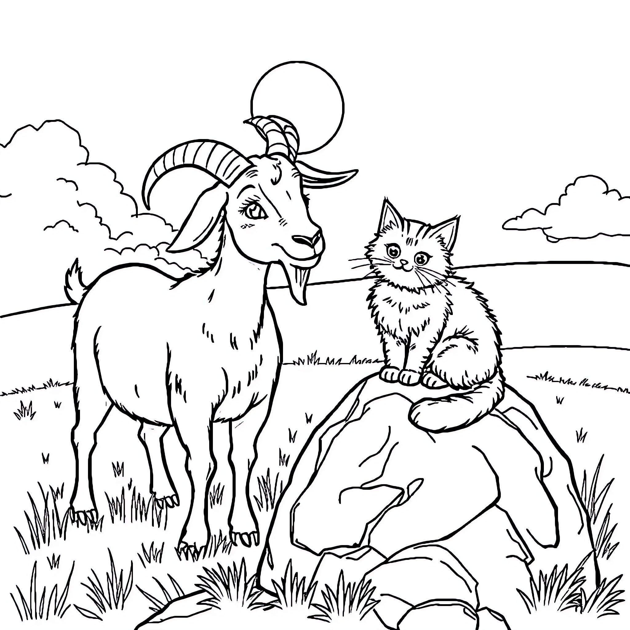 Goat and kitten exploring the countryside Coloring Page (free black-and-white line drawing printable PDF for all, from beginners to advanced learners, including children, teens, adults, and seniors)
