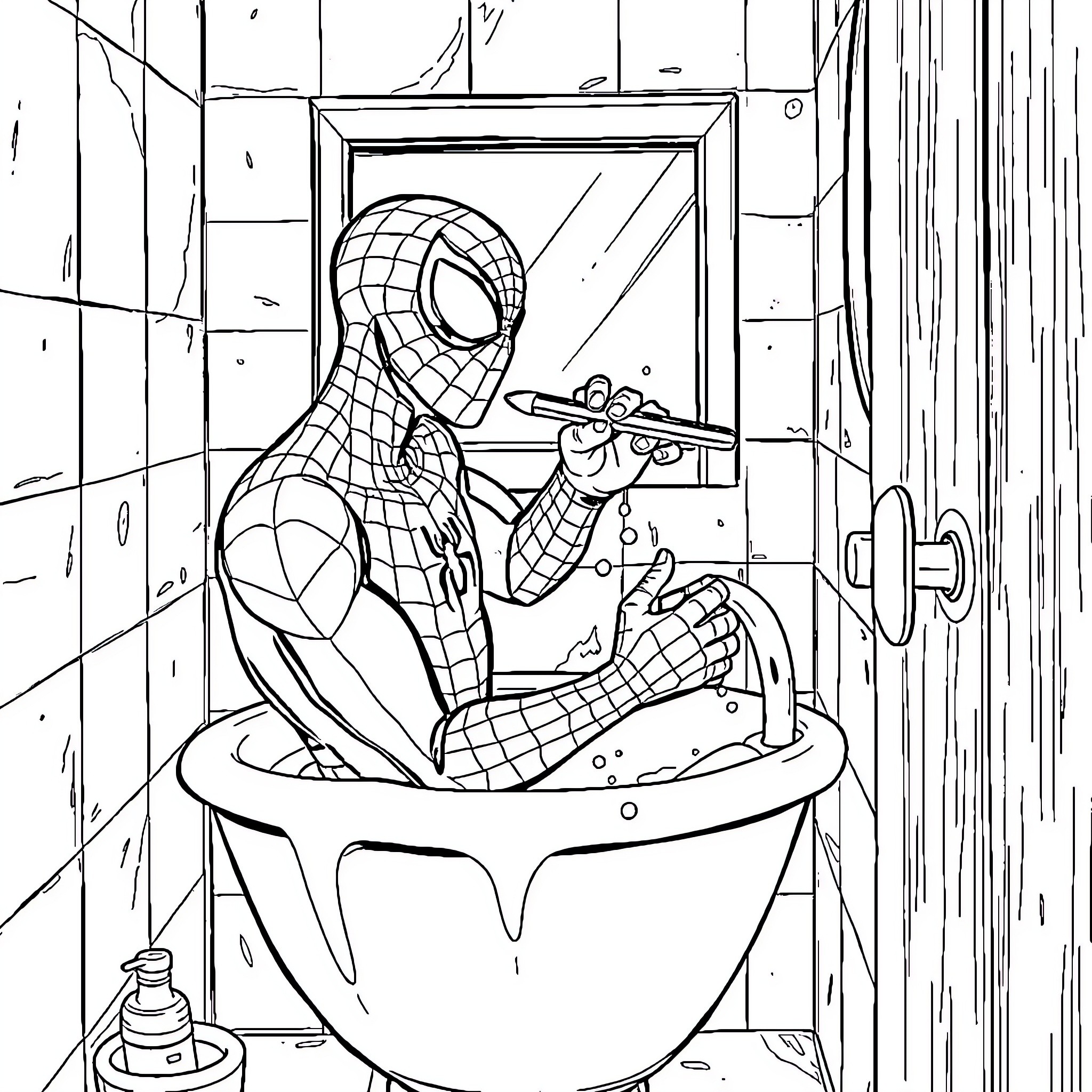 Spiderman in an unexpected bathroom setting Coloring Page (free black-and-white line drawing printable PDF for all, from beginners to advanced learners, including children, teens, adults, and seniors)