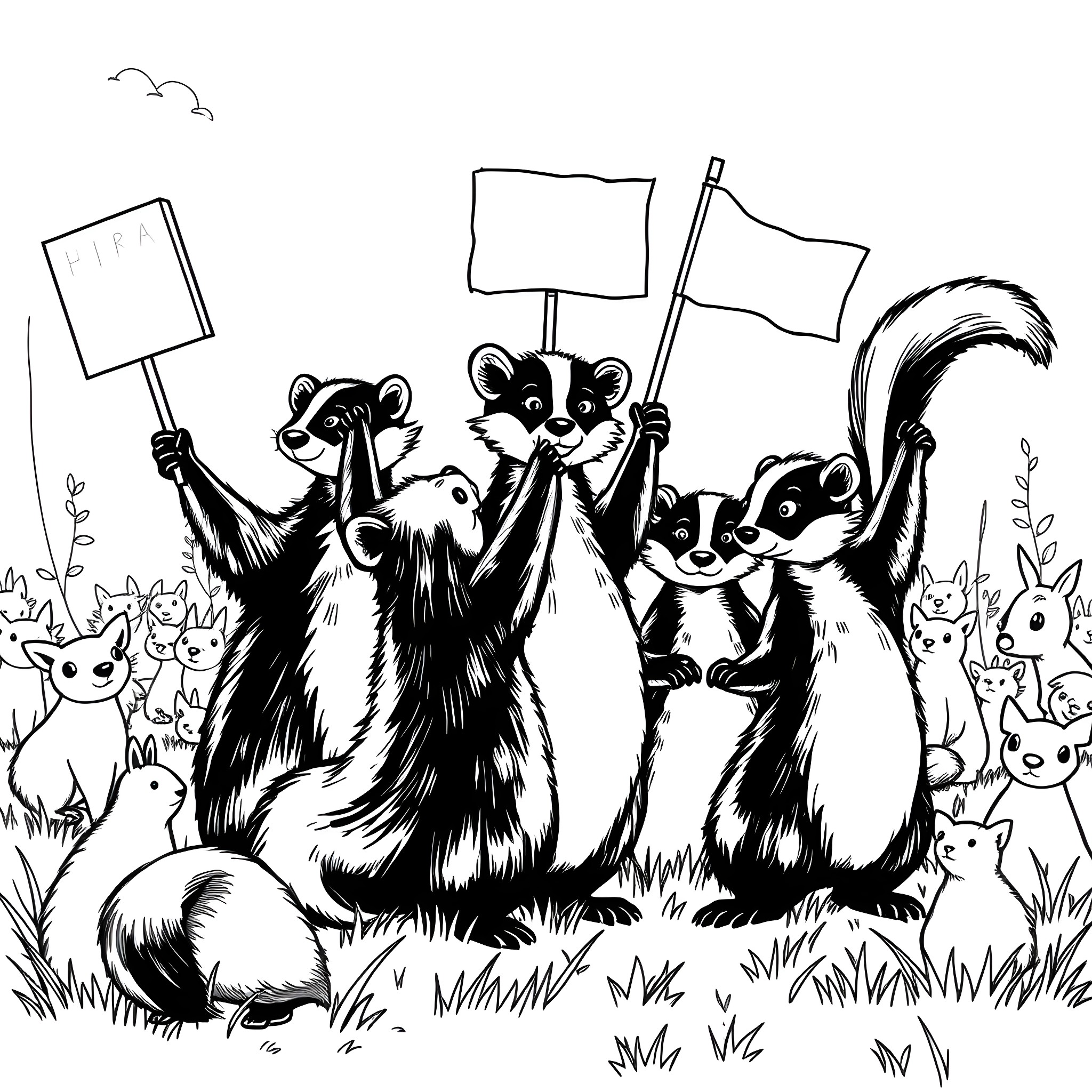Skunk Protesters Marching with Flags Coloring Page (free black-and-white line drawing printable PDF for all, from beginners to advanced learners, including children, teens, adults, and seniors)