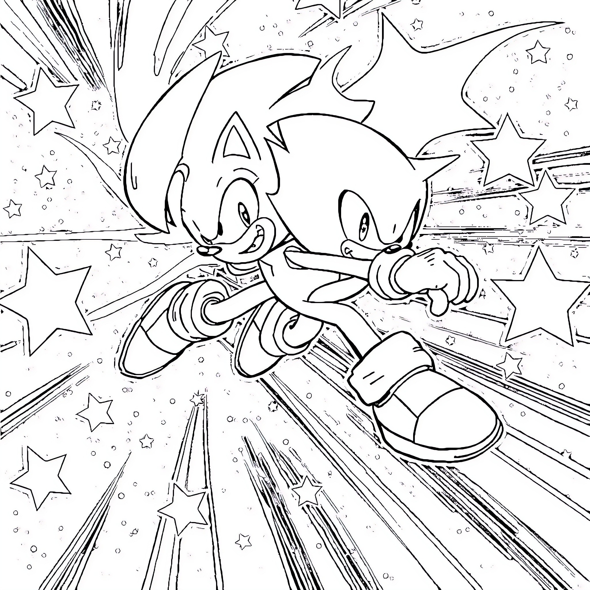 Sonic racing through a starry landscape Coloring Page (free black-and-white line drawing printable PDF for all, from beginners to advanced learners, including children, teens, adults, and seniors)