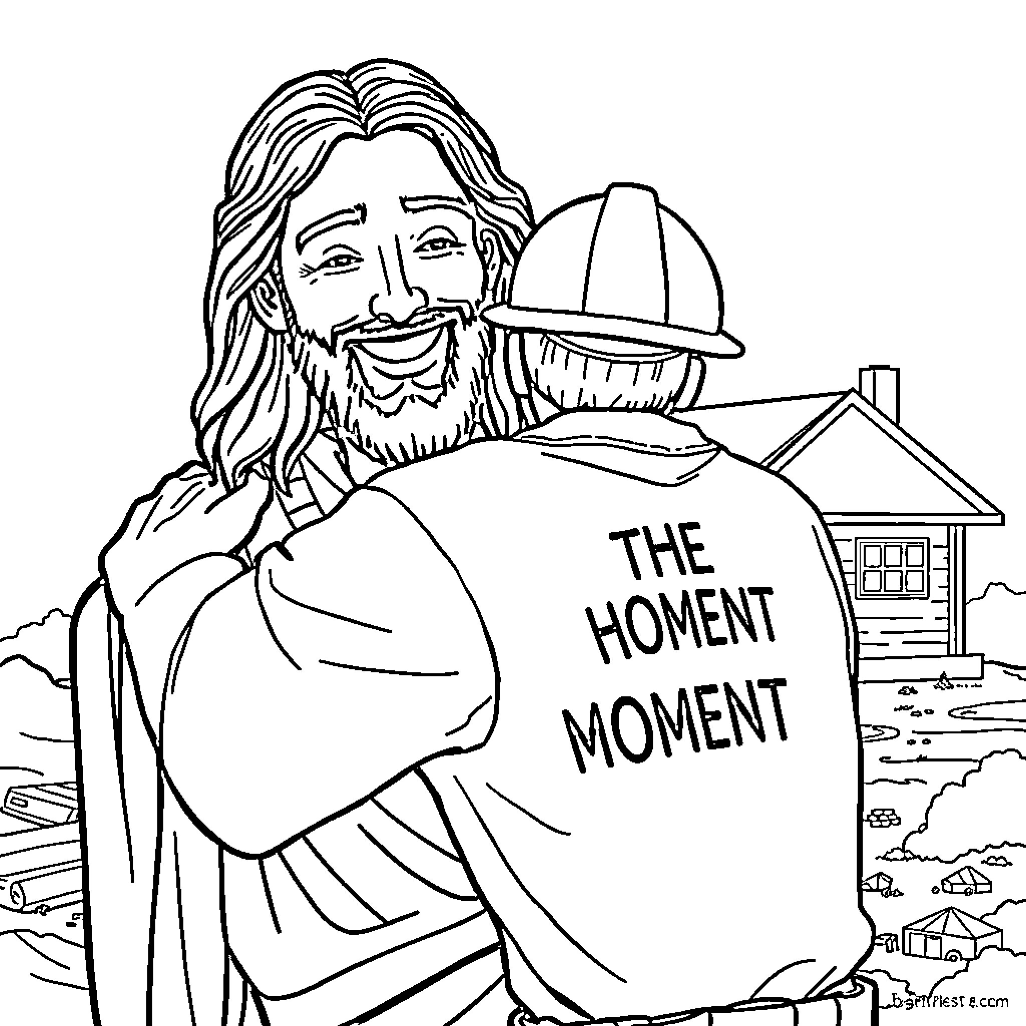 Jesus' Joyful Moment with Homebuilding Coloring Page (free black-and-white line drawing printable PDF for all, from beginners to advanced learners, including children, teens, adults, and seniors)