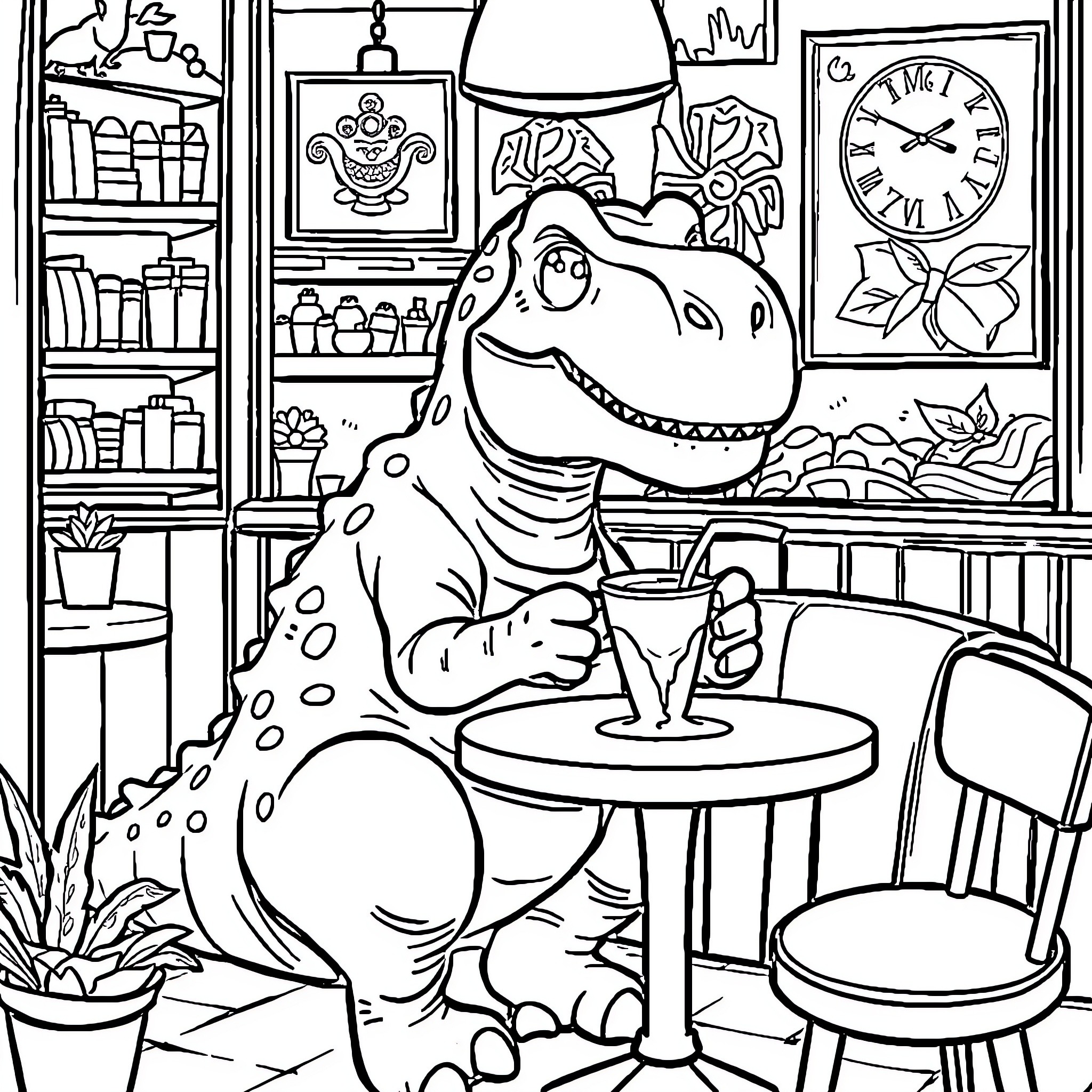 Dinosaur relaxing in cozy home Coloring Page (free black-and-white line drawing printable PDF for all, from beginners to advanced learners, including children, teens, adults, and seniors)