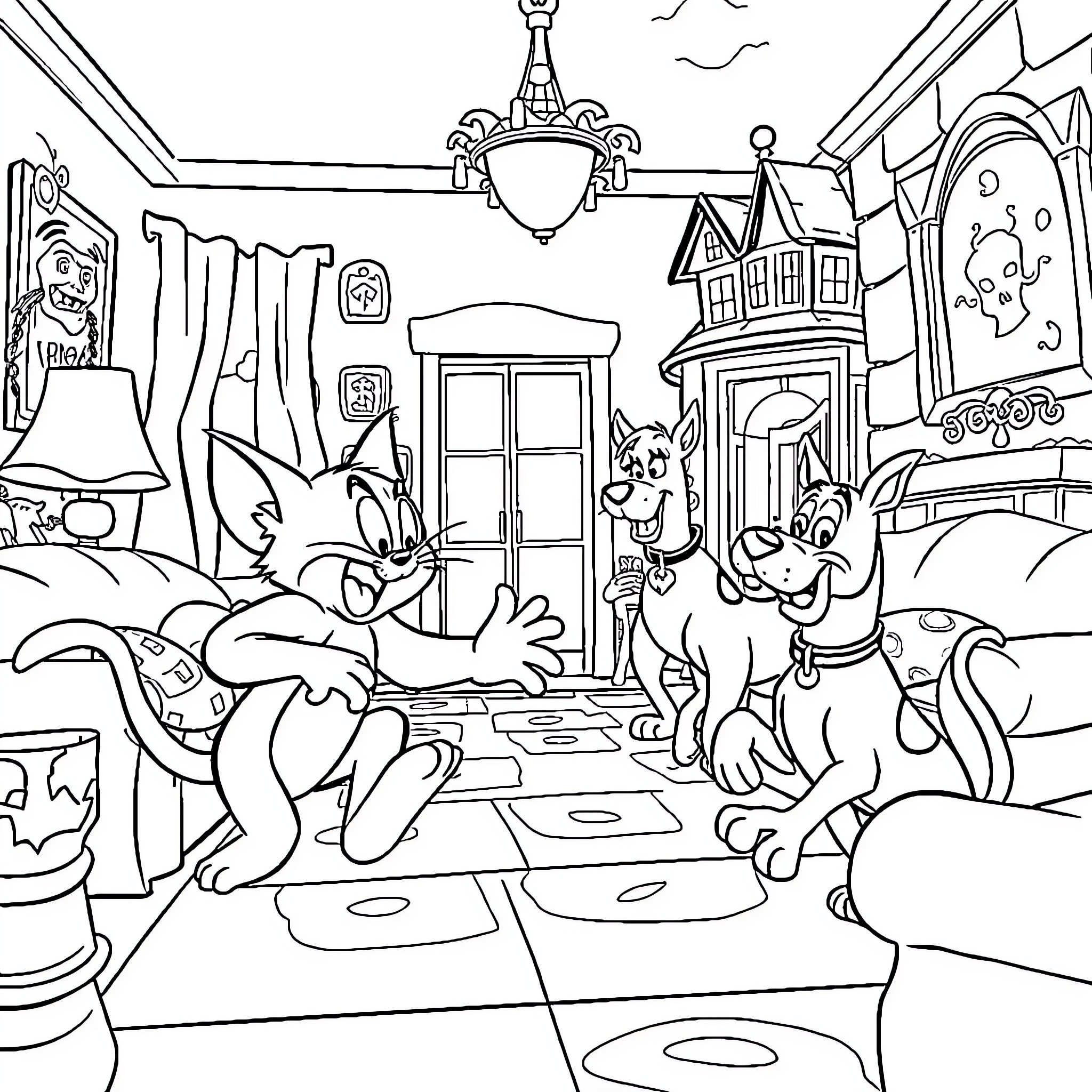 Tom and Jerry's Hilarious Hijinks in the House Coloring Page (free black-and-white line drawing printable PDF for all, from beginners to advanced learners, including children, teens, adults, and seniors)