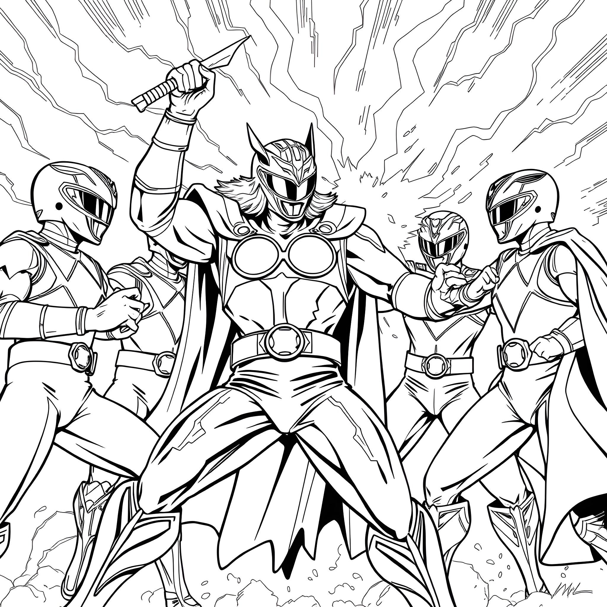 Power Rangers in Heroic Battle Pose Coloring Page (free black-and-white line drawing printable PDF for all, from beginners to advanced learners, including children, teens, adults, and seniors)