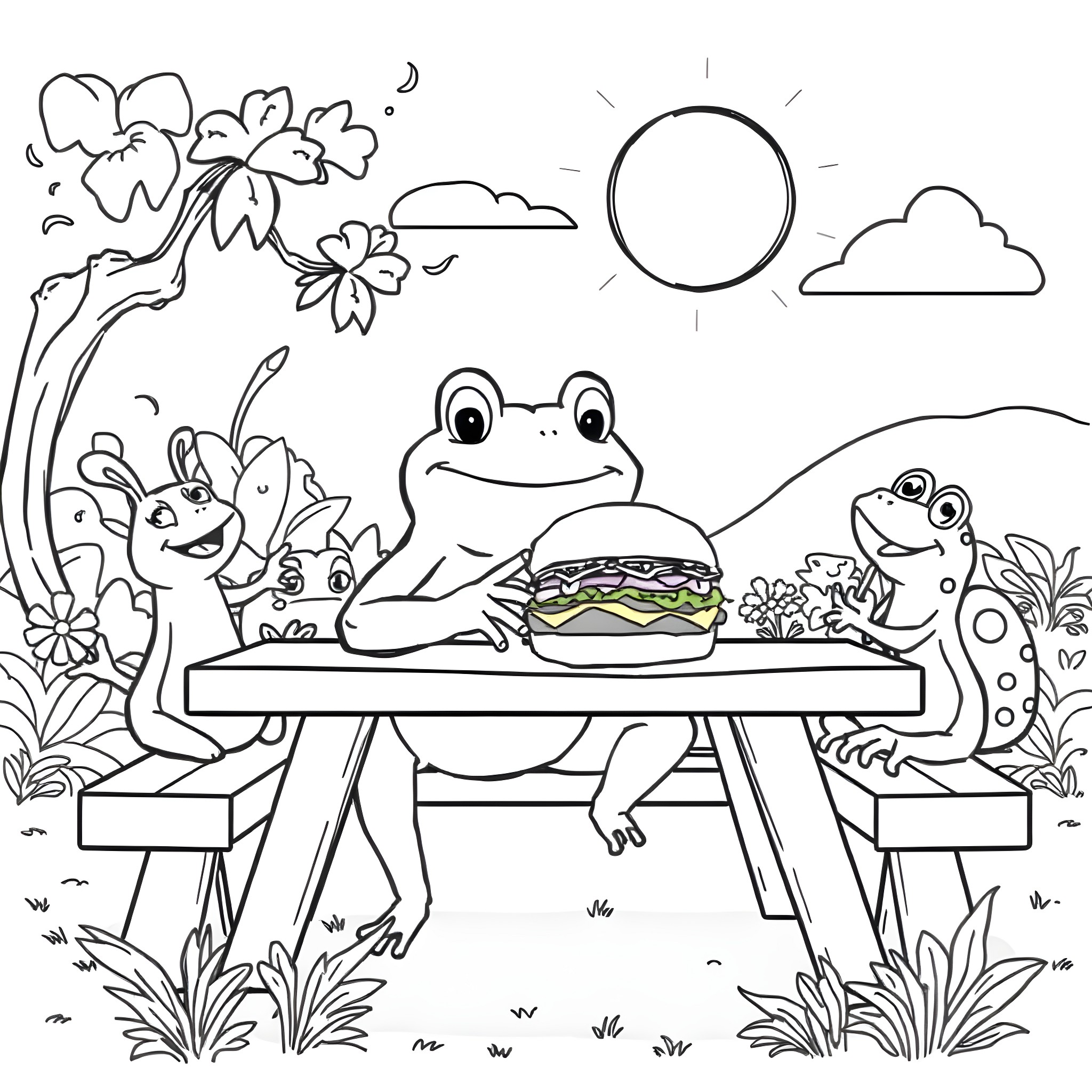 Frog enjoying a picnic in nature Coloring Page (free black-and-white line drawing printable PDF for all, from beginners to advanced learners, including children, teens, adults, and seniors)