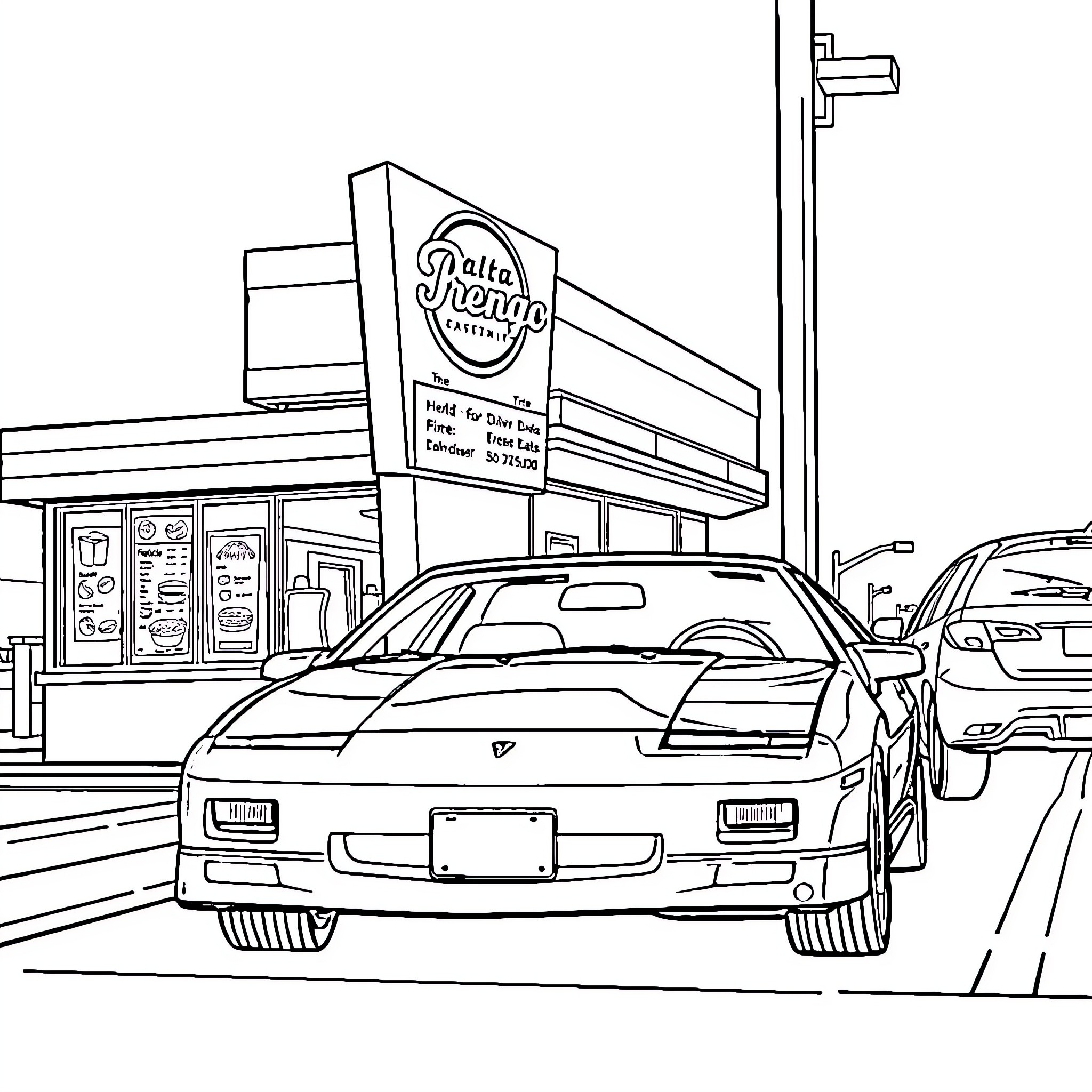 Pontiac Fiero parked outside convenience store Coloring Page (free black-and-white line drawing printable PDF for all, from beginners to advanced learners, including children, teens, adults, and seniors)