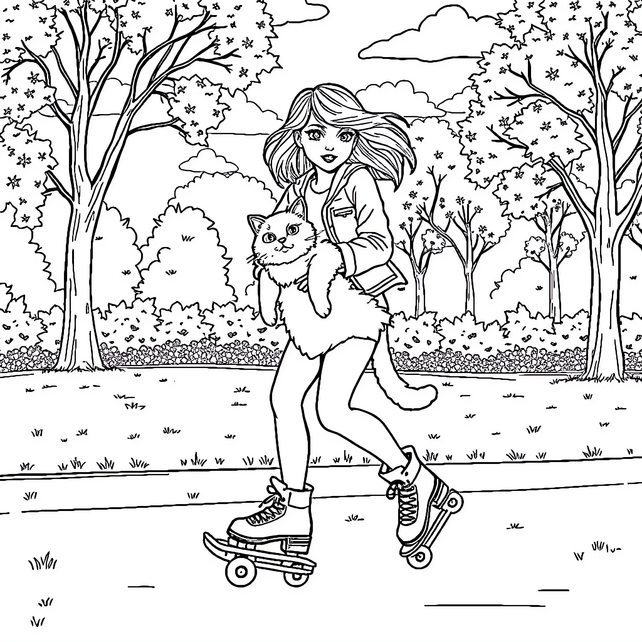 Taylor Swift enjoys an afternoon roller skating with her cat in the park Coloring Page (free black-and-white line drawing printable PDF for all, from beginners to advanced learners, including children, teens, adults, and seniors)