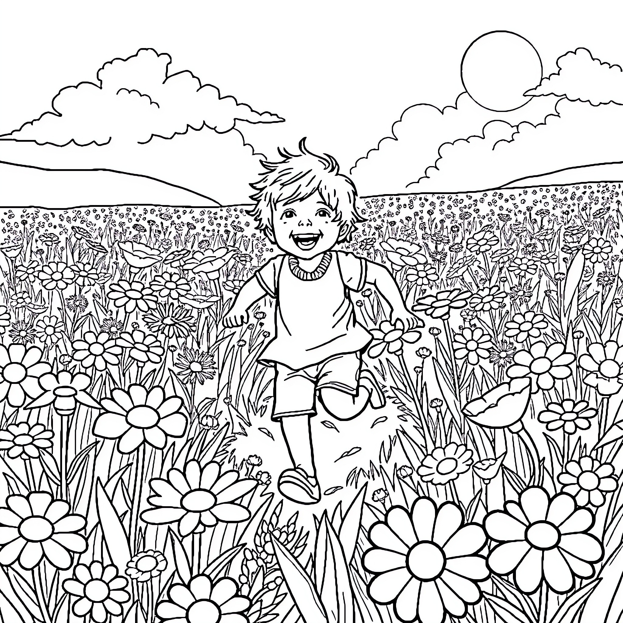 Kid joyfully running through a flower-filled field Coloring Page (free black-and-white line drawing printable PDF for all, from beginners to advanced learners, including children, teens, adults, and seniors)
