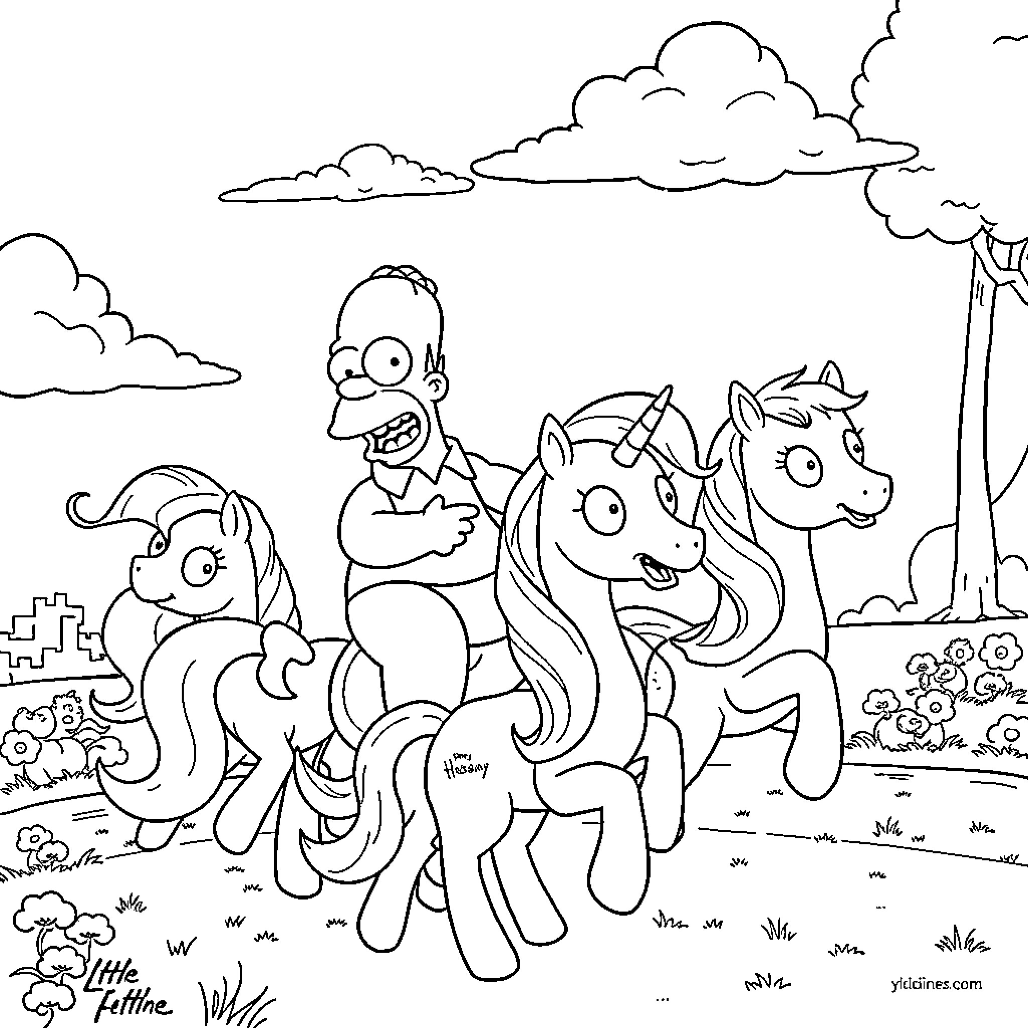 Homer Simpson's Whimsical Adventure with Magical Creatures Coloring Page (free black-and-white line drawing printable PDF for all, from beginners to advanced learners, including children, teens, adults, and seniors)