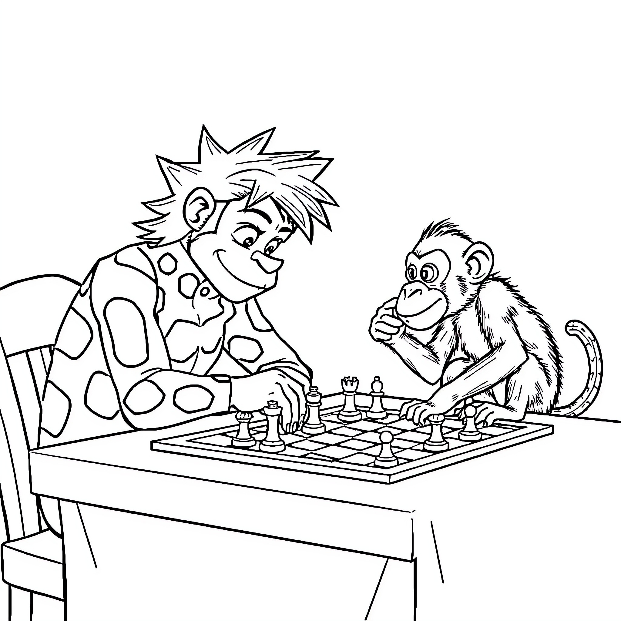 Bakugo playing chess with a monkey Coloring Page (free black-and-white line drawing printable PDF for all, from beginners to advanced learners, including children, teens, adults, and seniors)