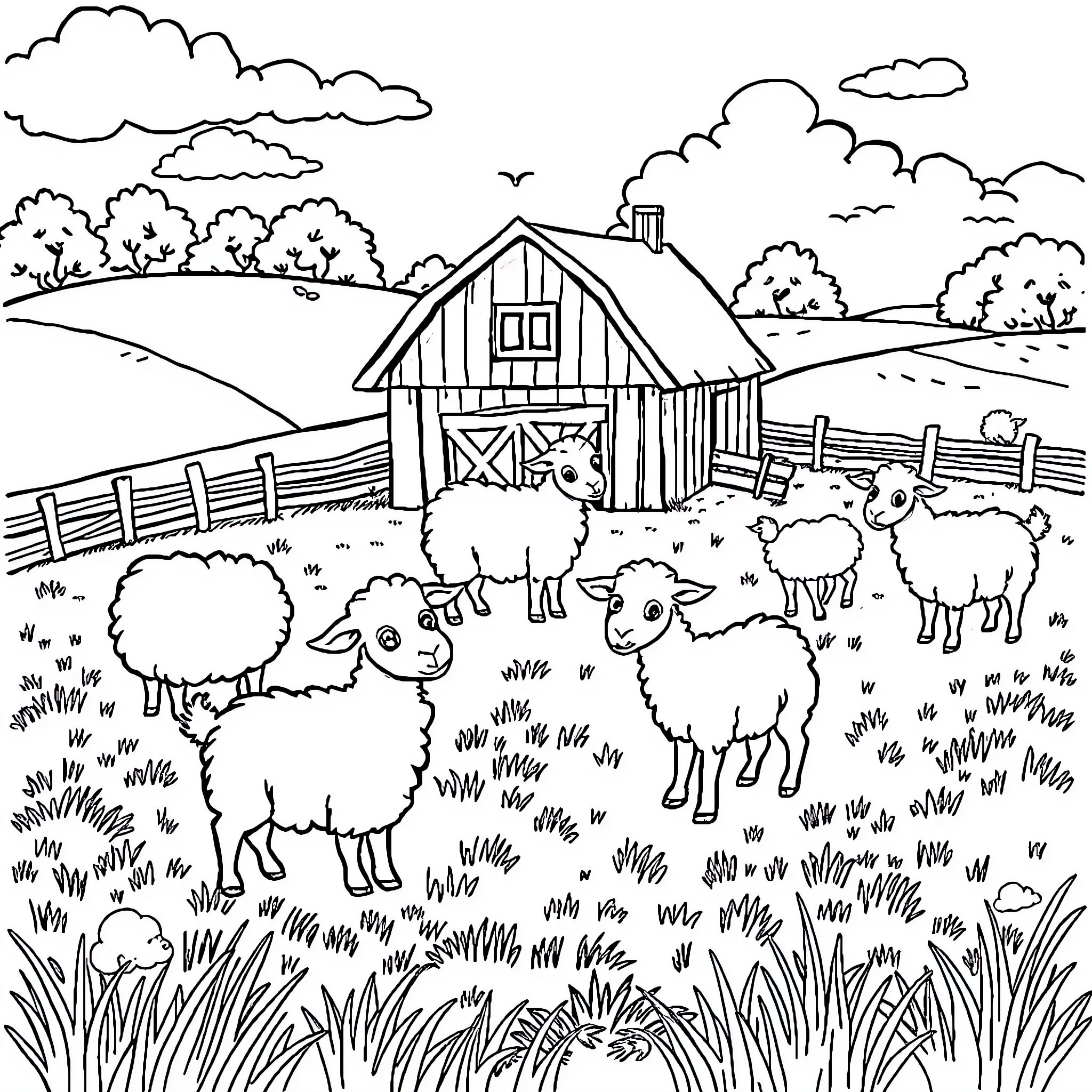 Farm Animal Pasture with Sheep and Barn Coloring Page (free black-and-white line drawing printable PDF for all, from beginners to advanced learners, including children, teens, adults, and seniors)
