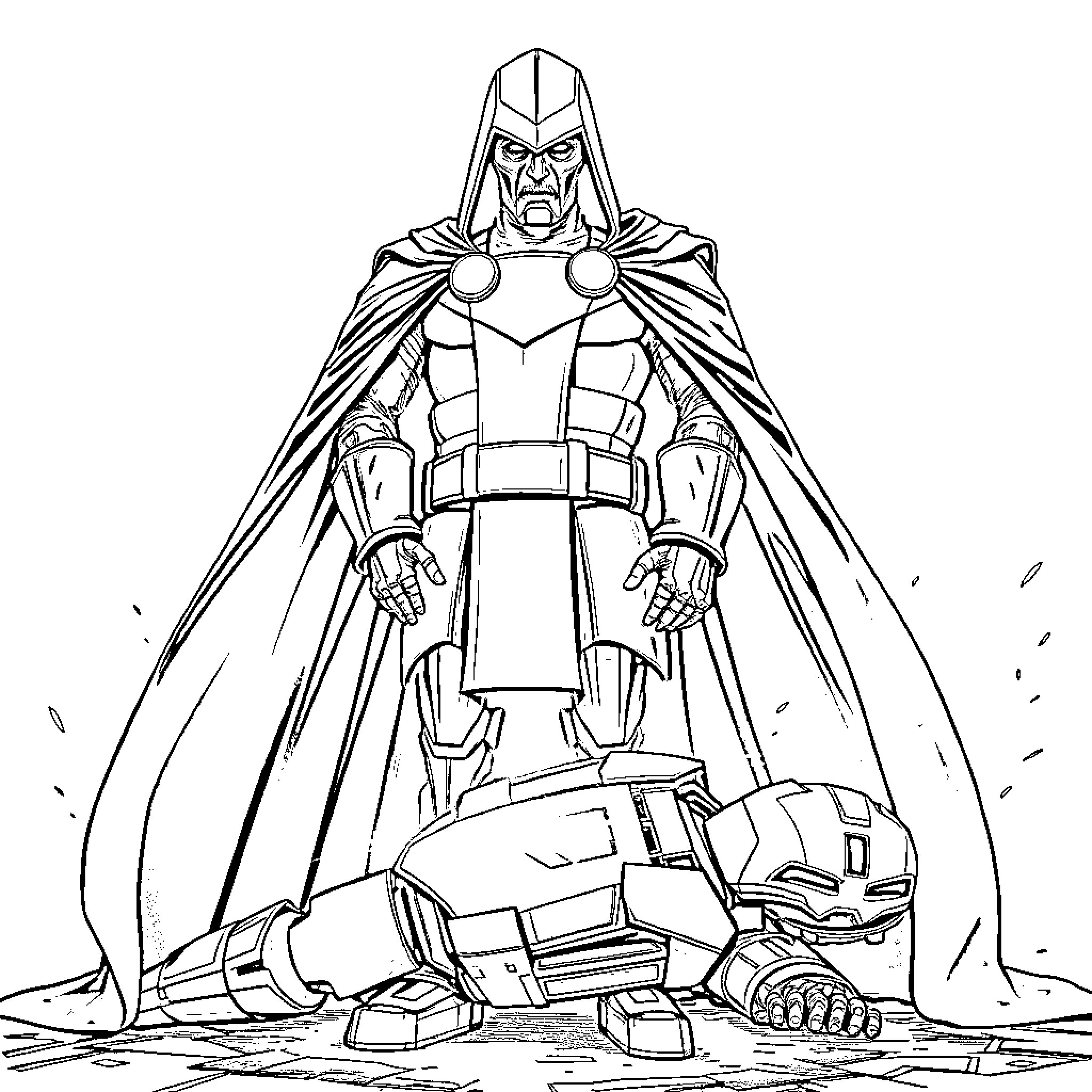 Doctor Doom Standing Over Defeated Foes Coloring Page (free black-and-white line drawing printable PDF for all, from beginners to advanced learners, including children, teens, adults, and seniors)