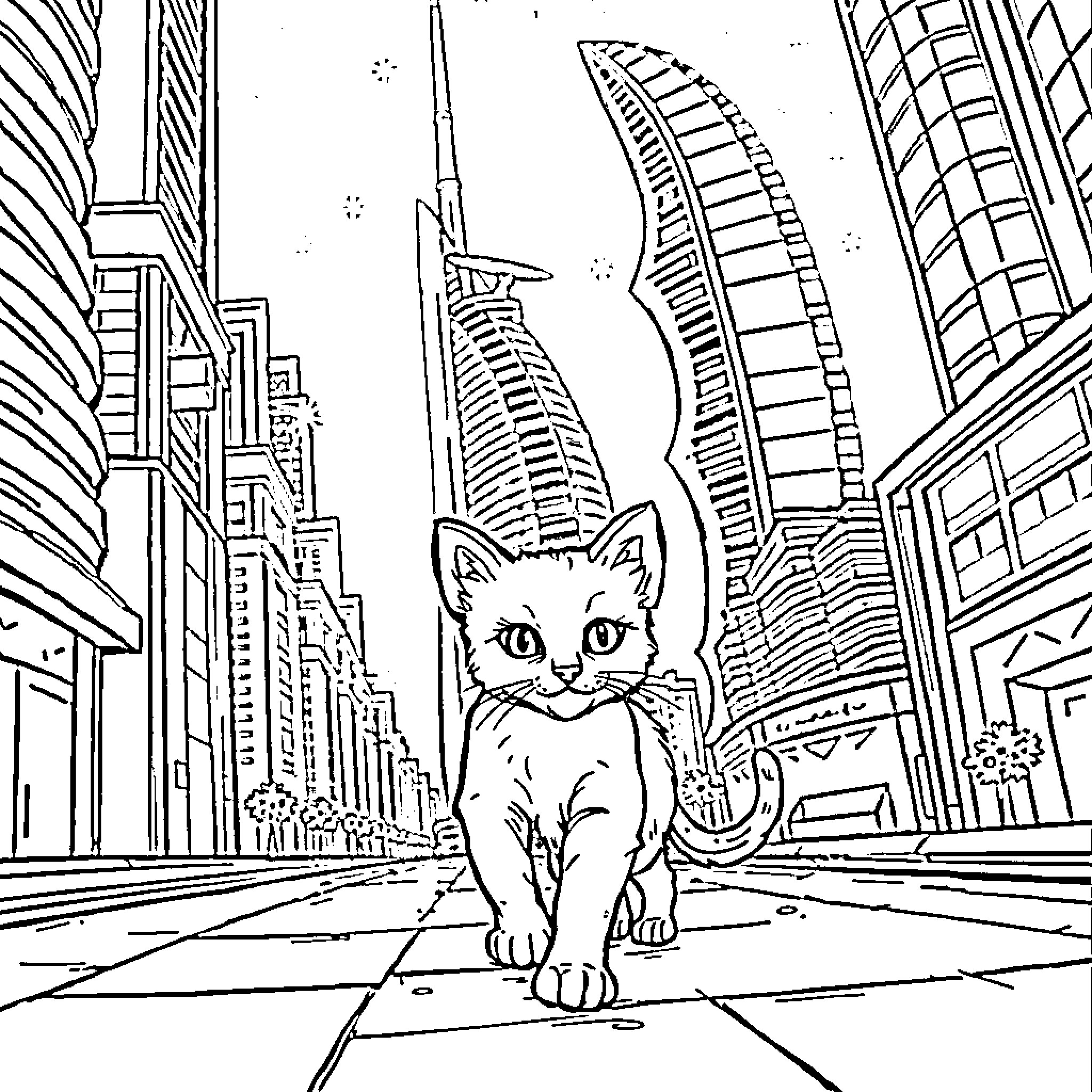 Gato wandering through the city skyline Coloring Page (free black-and-white line drawing printable PDF for all, from beginners to advanced learners, including children, teens, adults, and seniors)