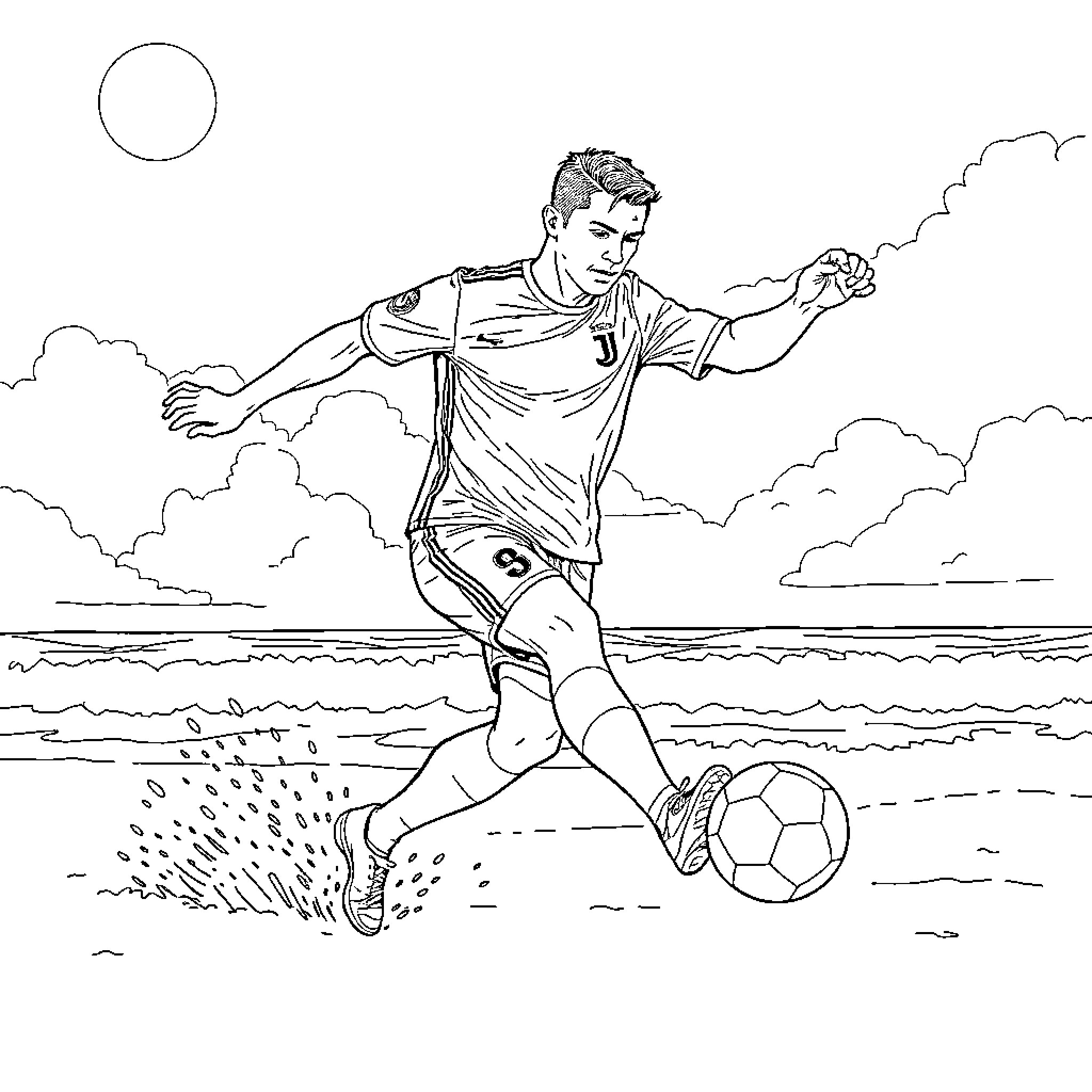 Cristiano Ronaldo dribbling a soccer ball on the beach Coloring Page (free black-and-white line drawing printable PDF for all, from beginners to advanced learners, including children, teens, adults, and seniors)