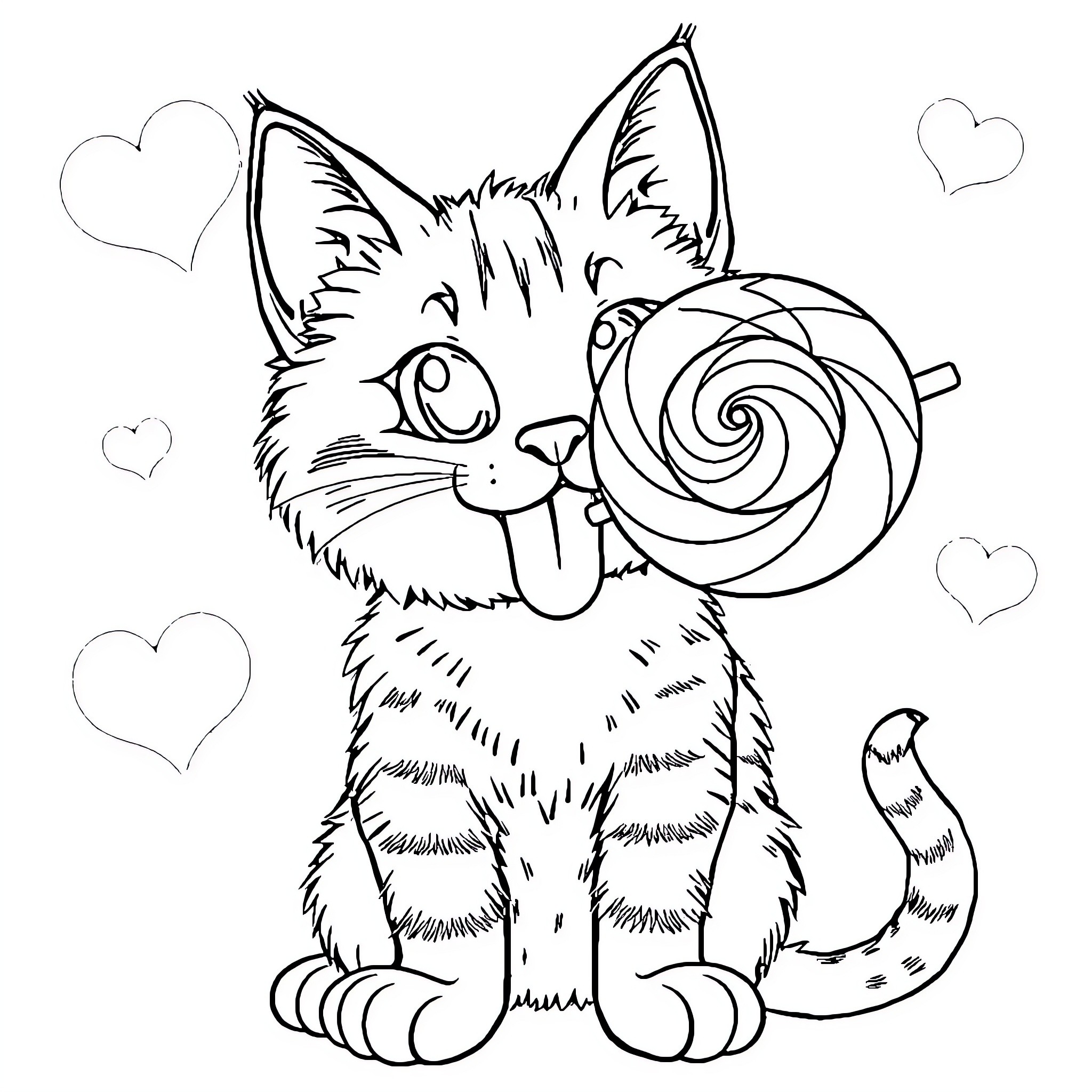 Cat with Lollipop and Hearts Coloring Page (free black-and-white line drawing printable PDF for all, from beginners to advanced learners, including children, teens, adults, and seniors)