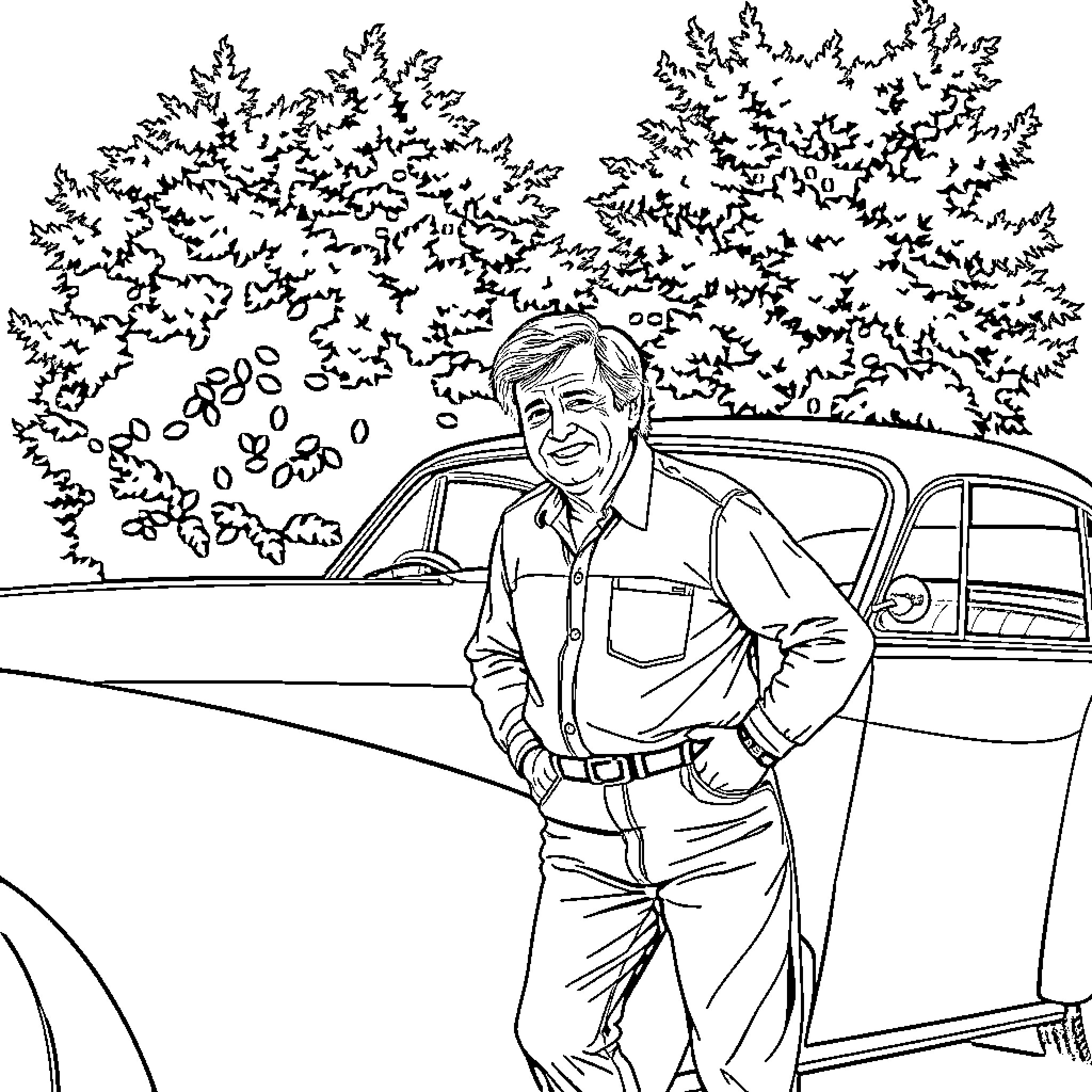 James May standing beside a vintage car in the countryside Coloring Page (free black-and-white line drawing printable PDF for all, from beginners to advanced learners, including children, teens, adults, and seniors)