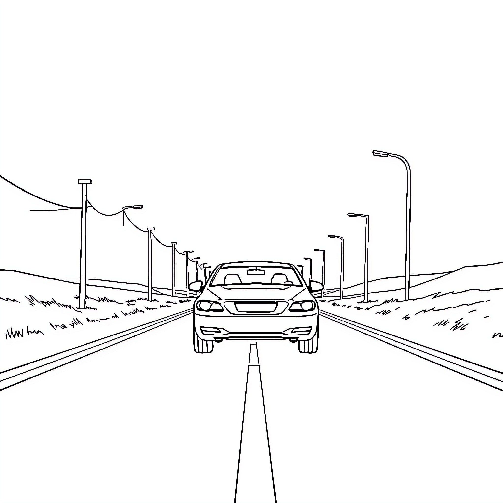 Car driving down a road with street lights Coloring Page (free black-and-white line drawing printable PDF for all, from beginners to advanced learners, including children, teens, adults, and seniors)