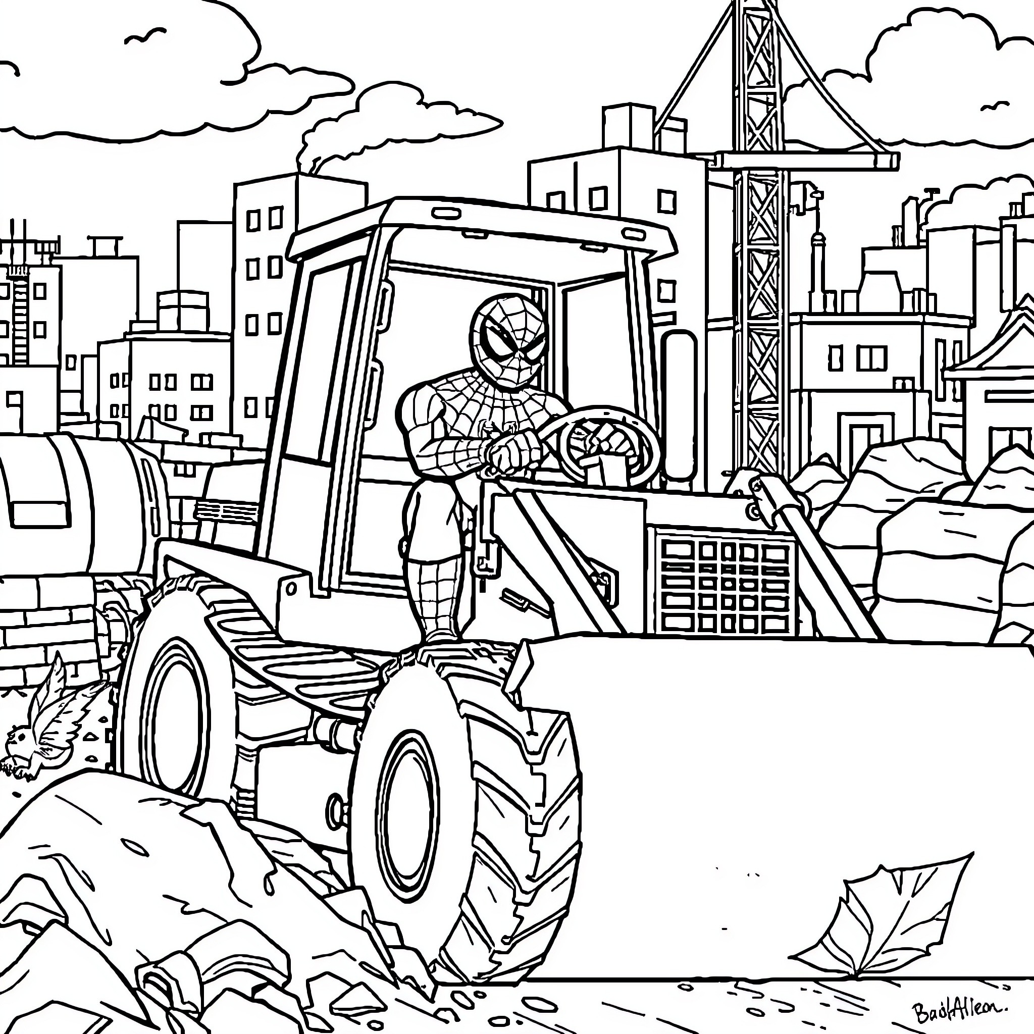 Spiderman operating construction machinery in the city Coloring Page (free black-and-white line drawing printable PDF for all, from beginners to advanced learners, including children, teens, adults, and seniors)