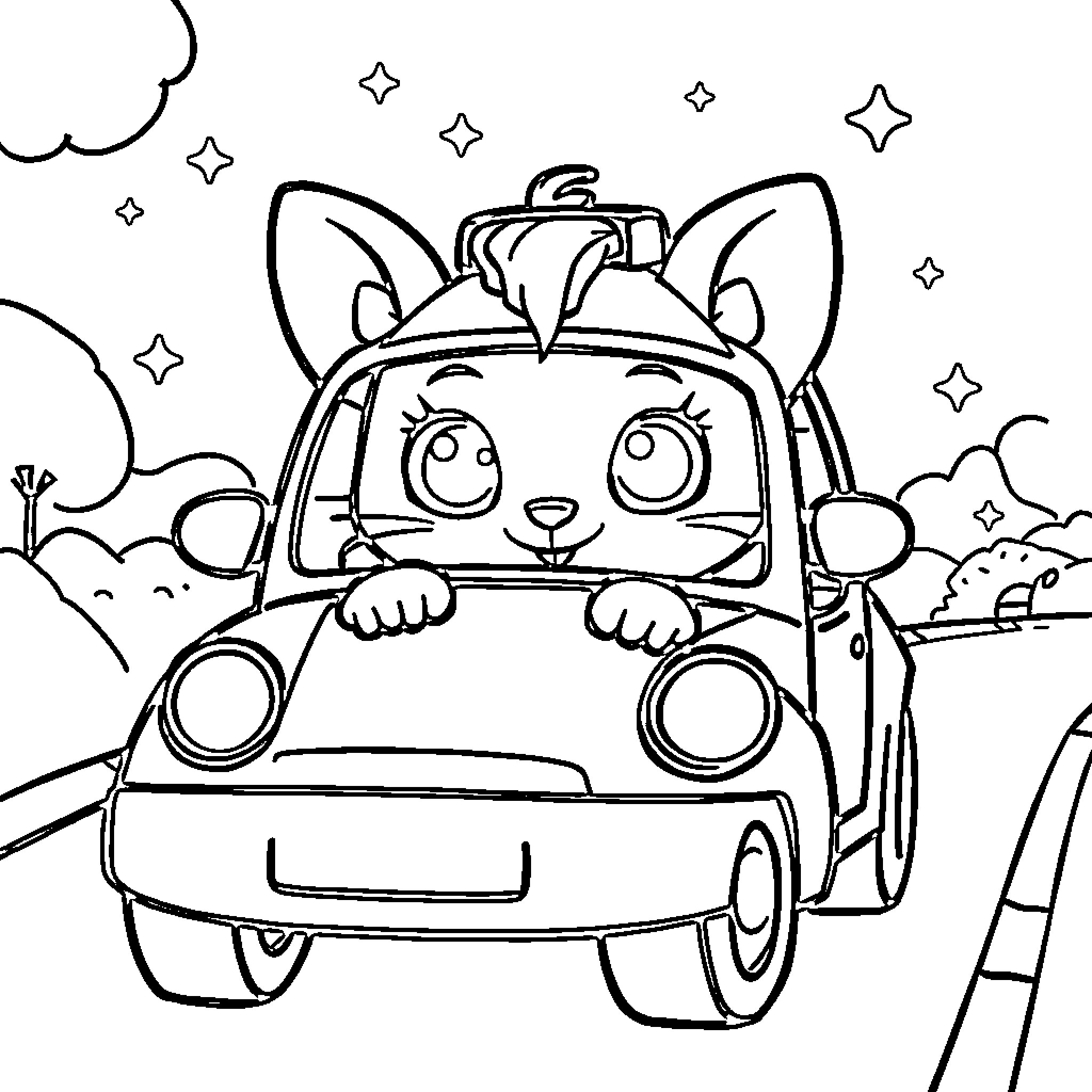 Pocoyo's fun driving adventure with stars Coloring Page (free black-and-white line drawing printable PDF for all, from beginners to advanced learners, including children, teens, adults, and seniors)