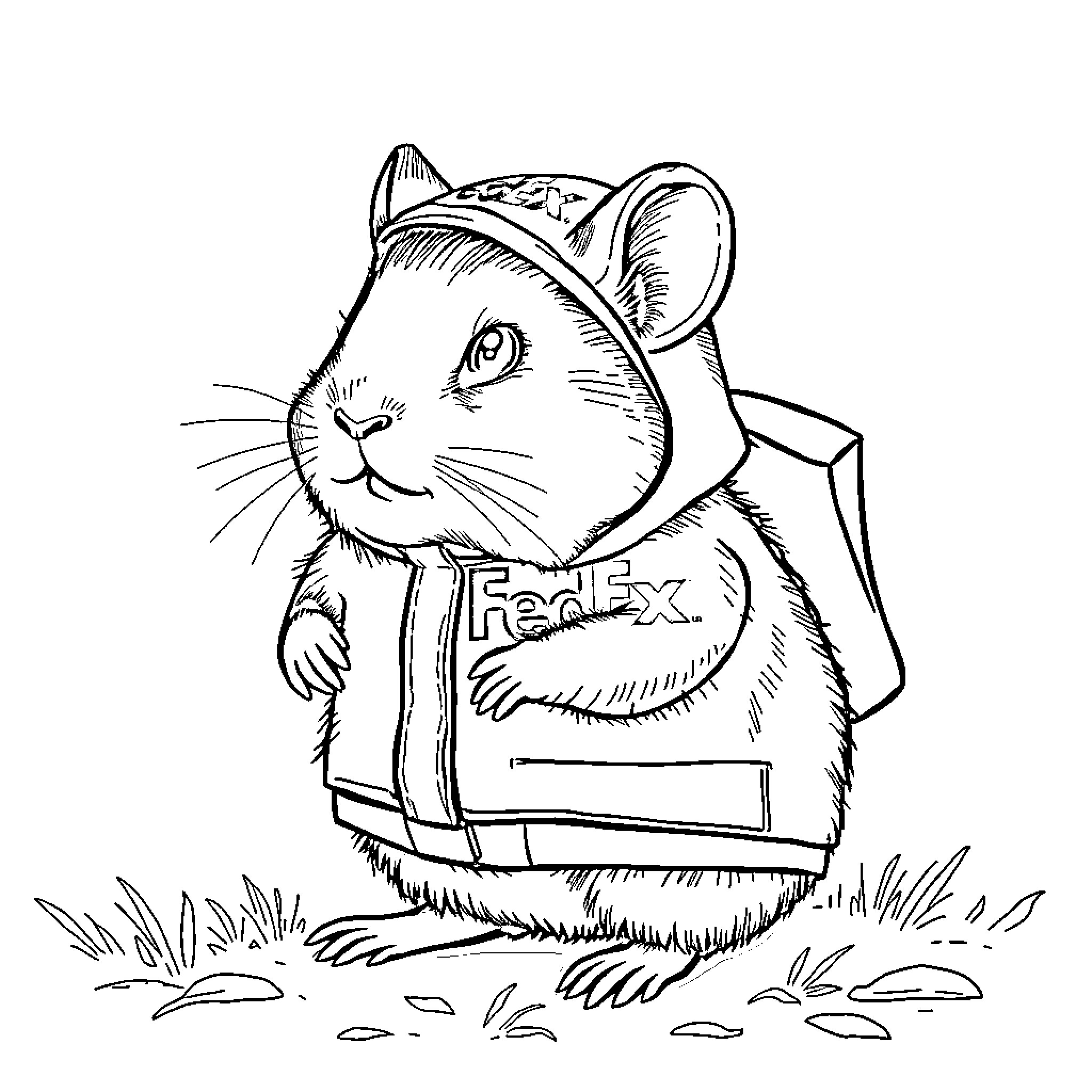 Hamster in a Delivery Uniform Coloring Page (free black-and-white line drawing printable PDF for all, from beginners to advanced learners, including children, teens, adults, and seniors)