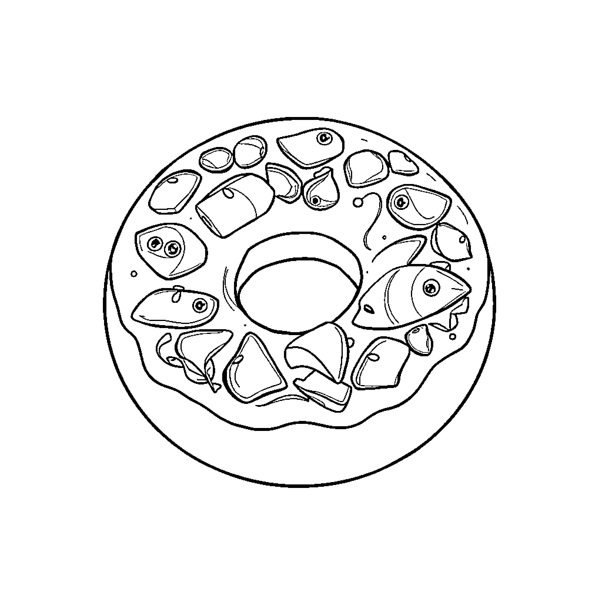 Donut with fun shapes and patterns Coloring Page (free black-and-white line drawing printable PDF for all, from beginners to advanced learners, including children, teens, adults, and seniors)