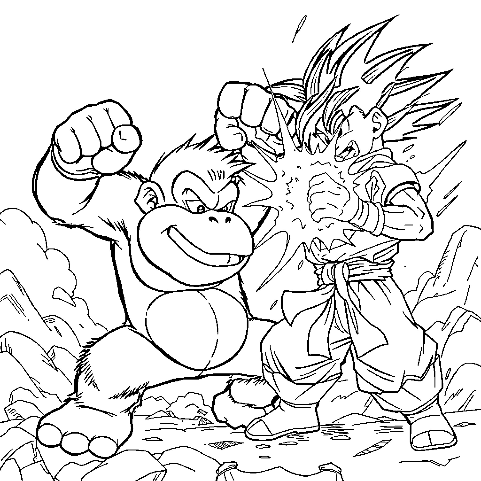 Donkey Kong battling a powerful enemy Coloring Page (free black-and-white line drawing printable PDF for all, from beginners to advanced learners, including children, teens, adults, and seniors)