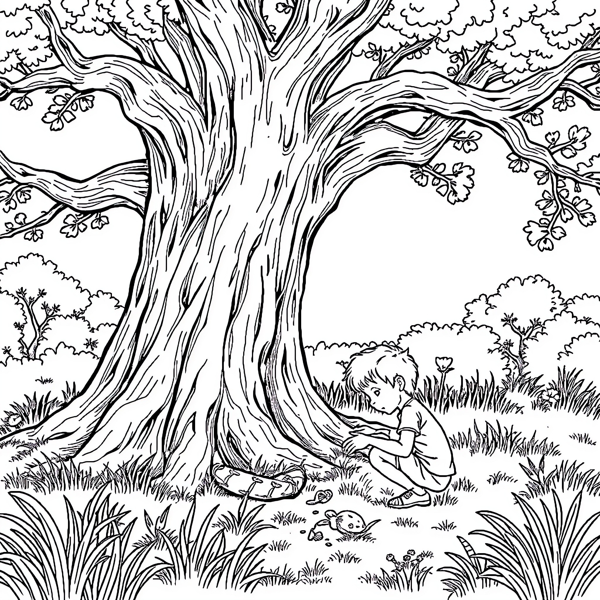 Boy reading book under large tree Coloring Page (free black-and-white line drawing printable PDF for all, from beginners to advanced learners, including children, teens, adults, and seniors)