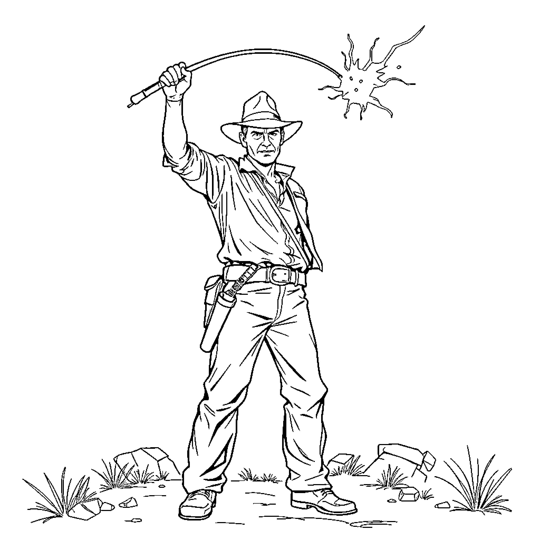 Indiana Jones battling a foe in the wilderness Coloring Page (free black-and-white line drawing printable PDF for all, from beginners to advanced learners, including children, teens, adults, and seniors)