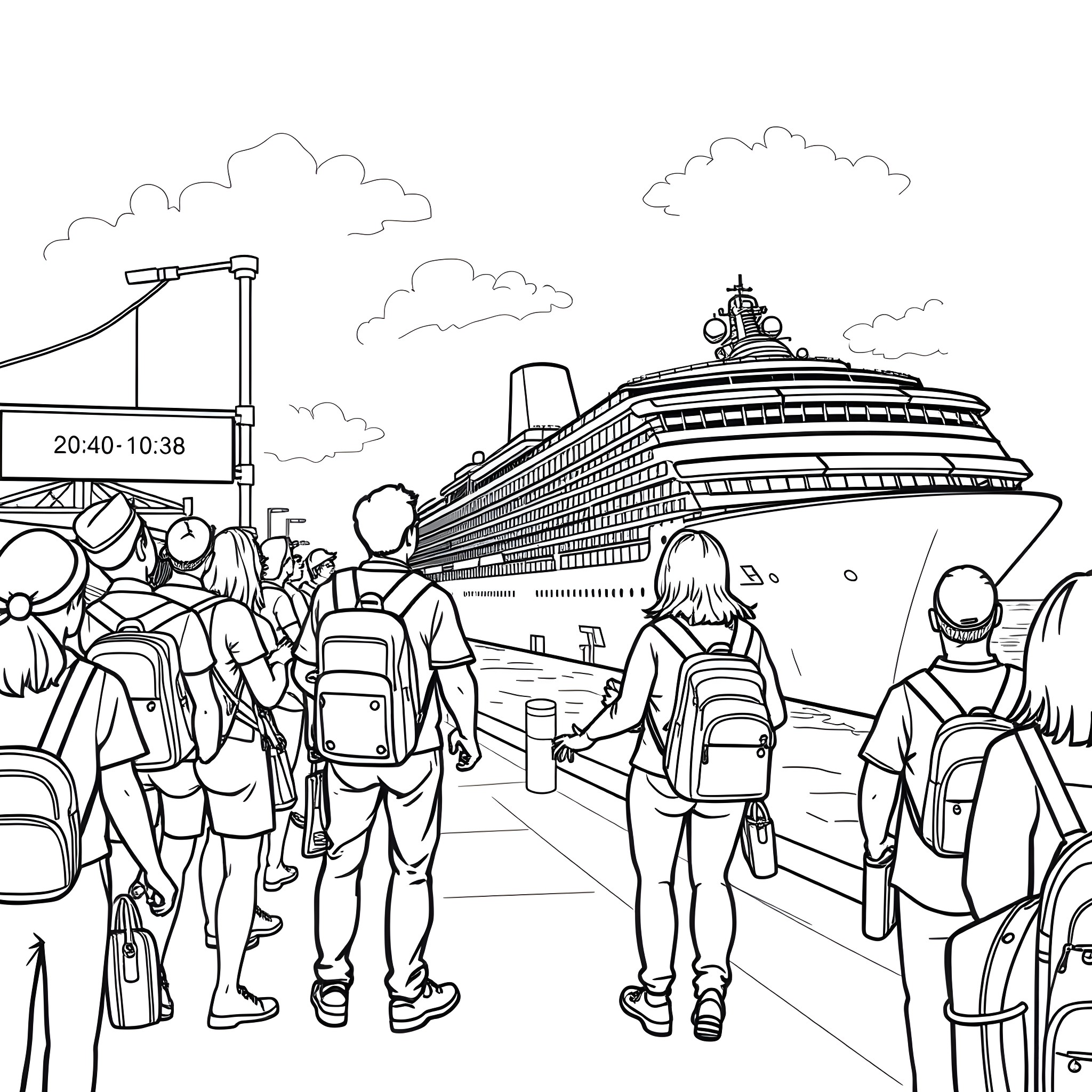 Hawaii: Tourists exploring a cruise ship terminal Coloring Page (free black-and-white line drawing printable PDF for all, from beginners to advanced learners, including children, teens, adults, and seniors)