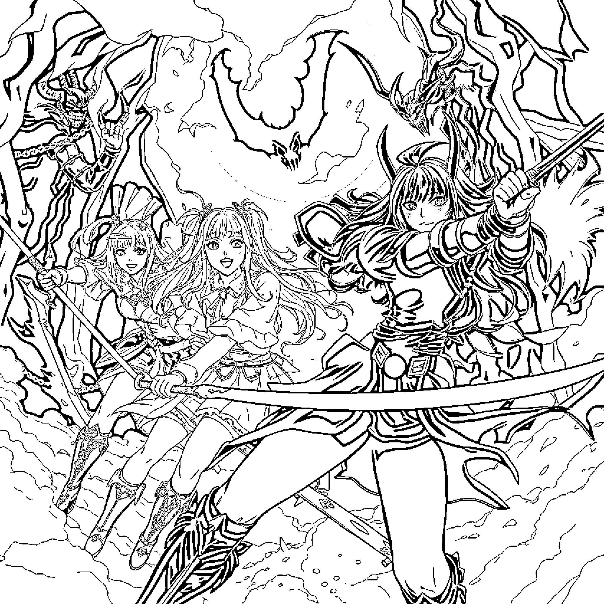 K Pop Warrior Champions Triumph Amidst Fantastical Landscapes Coloring Page (free black-and-white line drawing printable PDF for all, from beginners to advanced learners, including children, teens, adults, and seniors)