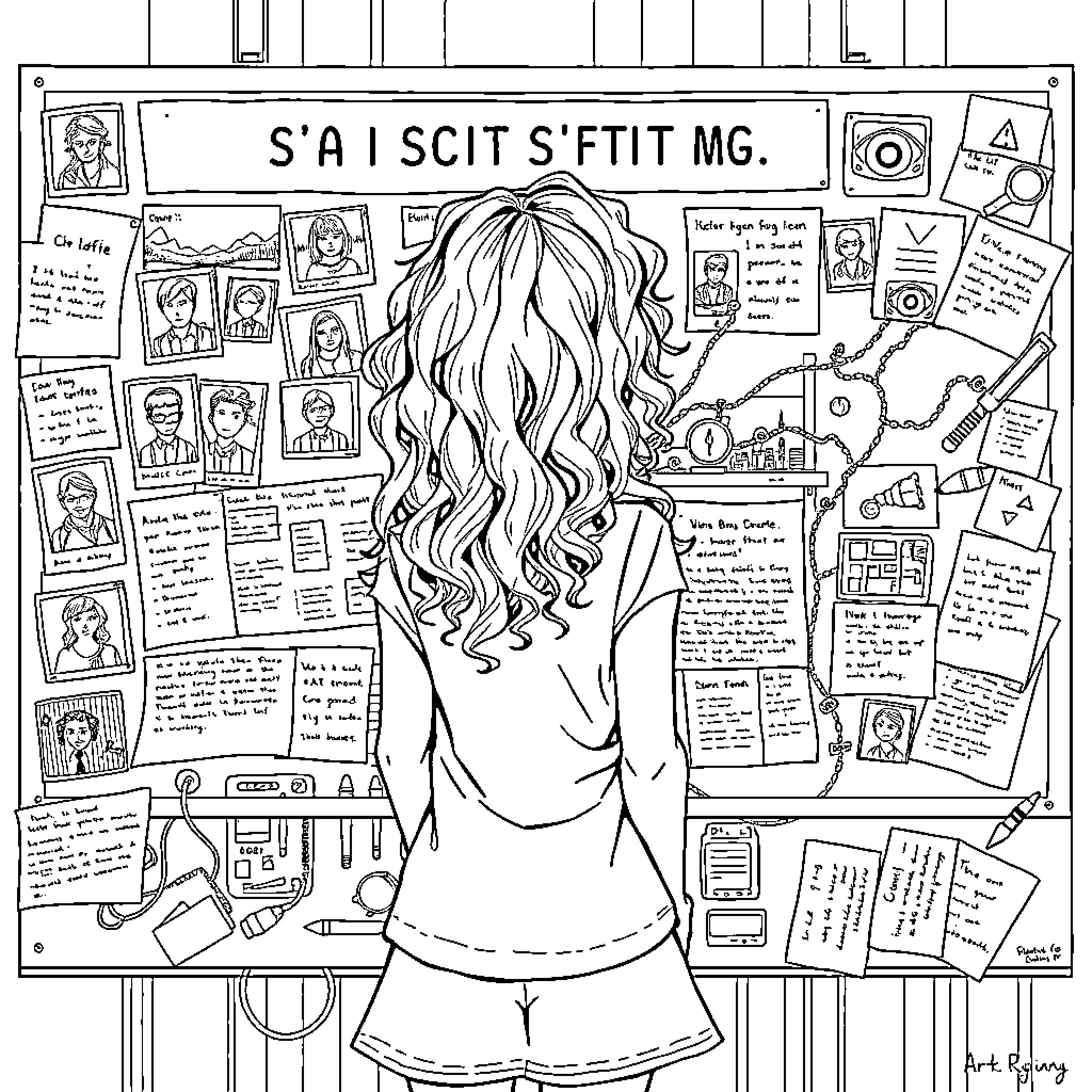 Girl working at a bulletin board in a classroom Coloring Page (free black-and-white line drawing printable PDF for all, from beginners to advanced learners, including children, teens, adults, and seniors)