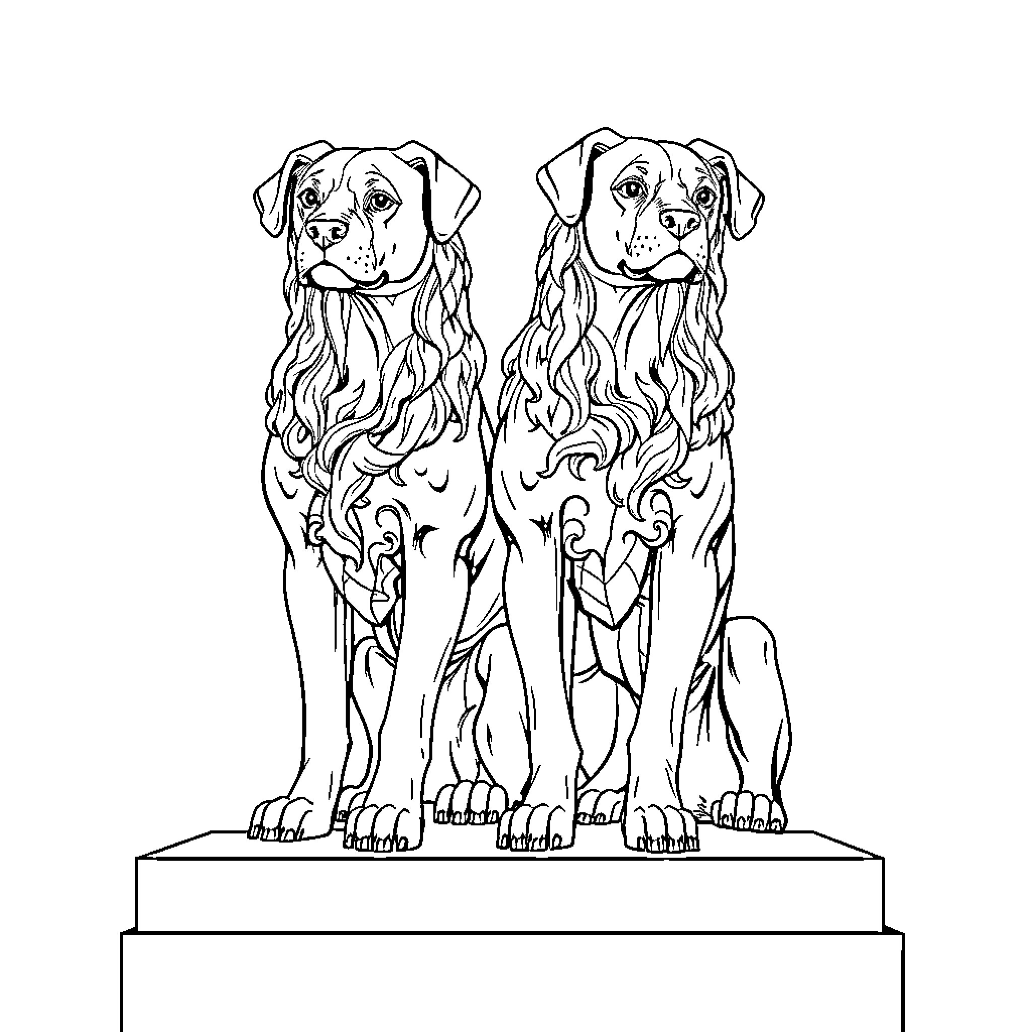 Dog statues with ornate designs Coloring Page (free black-and-white line drawing printable PDF for all, from beginners to advanced learners, including children, teens, adults, and seniors)