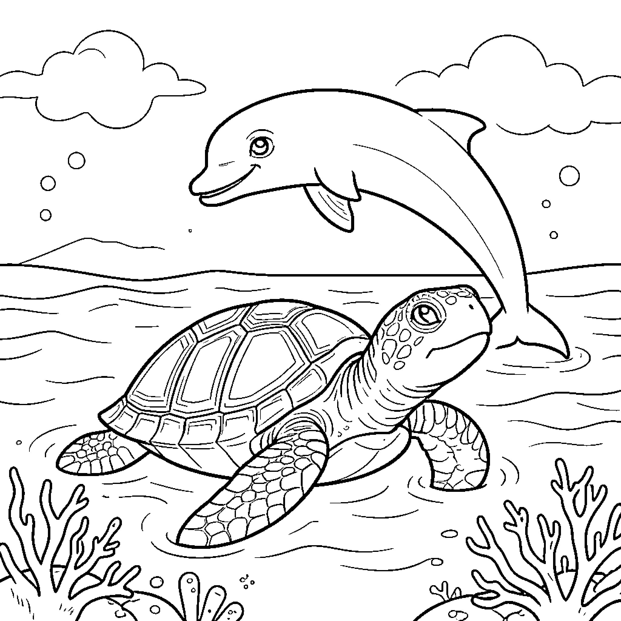 Turtle swimming alongside a jumping dolphin in the ocean Coloring Page (free black-and-white line drawing printable PDF for all, from beginners to advanced learners, including children, teens, adults, and seniors)
