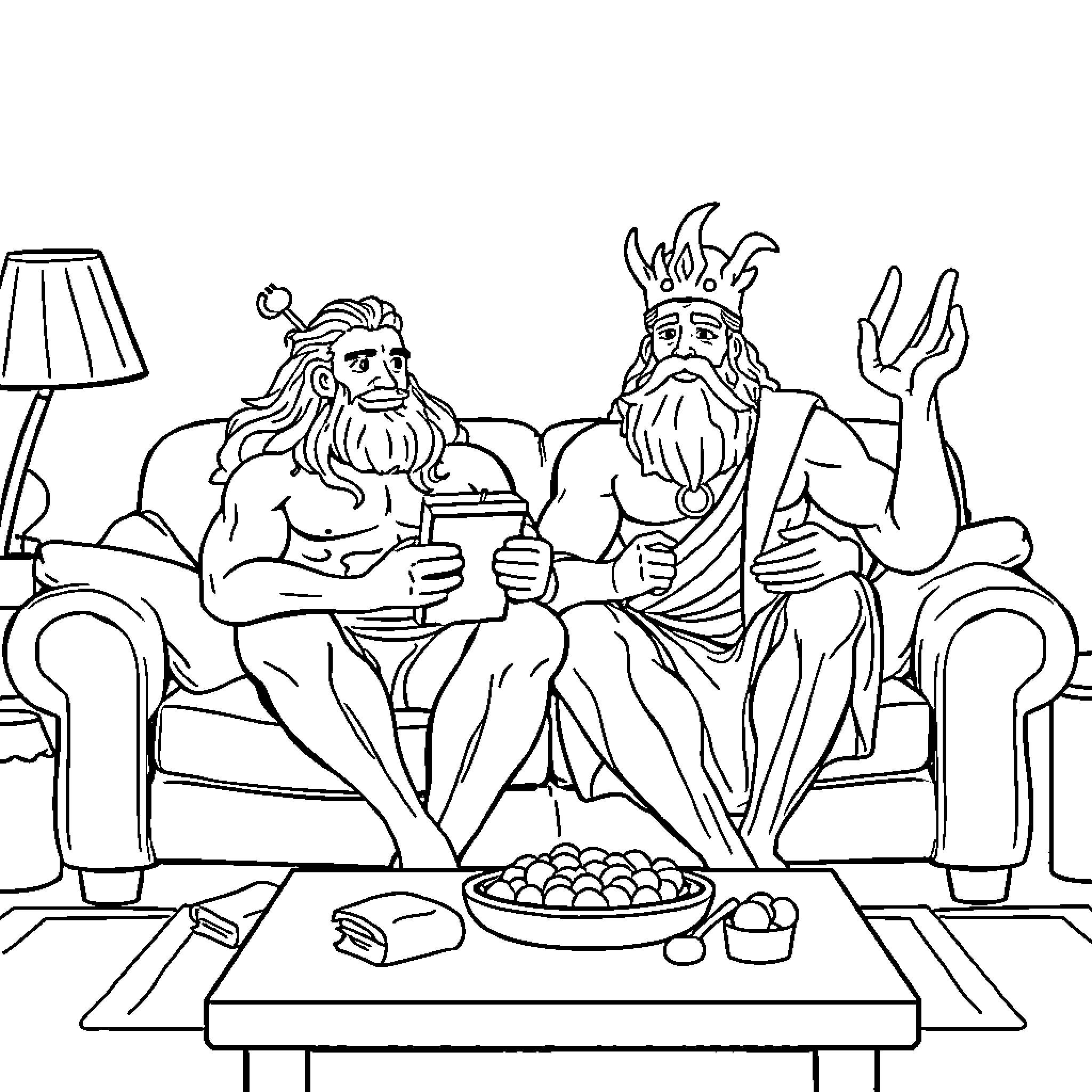 Poseidon and Triton enjoying a casual gathering Coloring Page (free black-and-white line drawing printable PDF for all, from beginners to advanced learners, including children, teens, adults, and seniors)