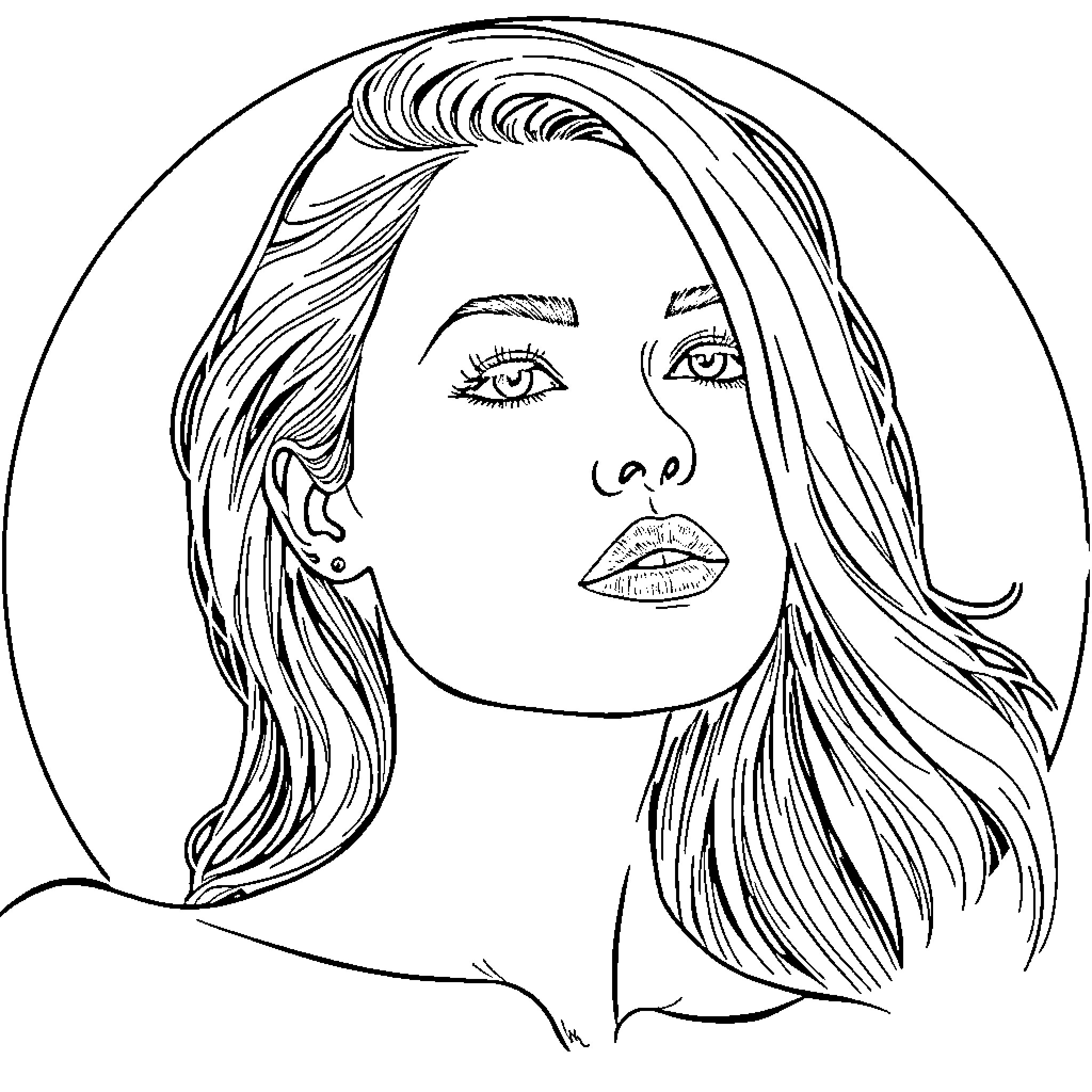 Blonde woman with thoughtful gaze Coloring Page (free black-and-white line drawing printable PDF for all, from beginners to advanced learners, including children, teens, adults, and seniors)