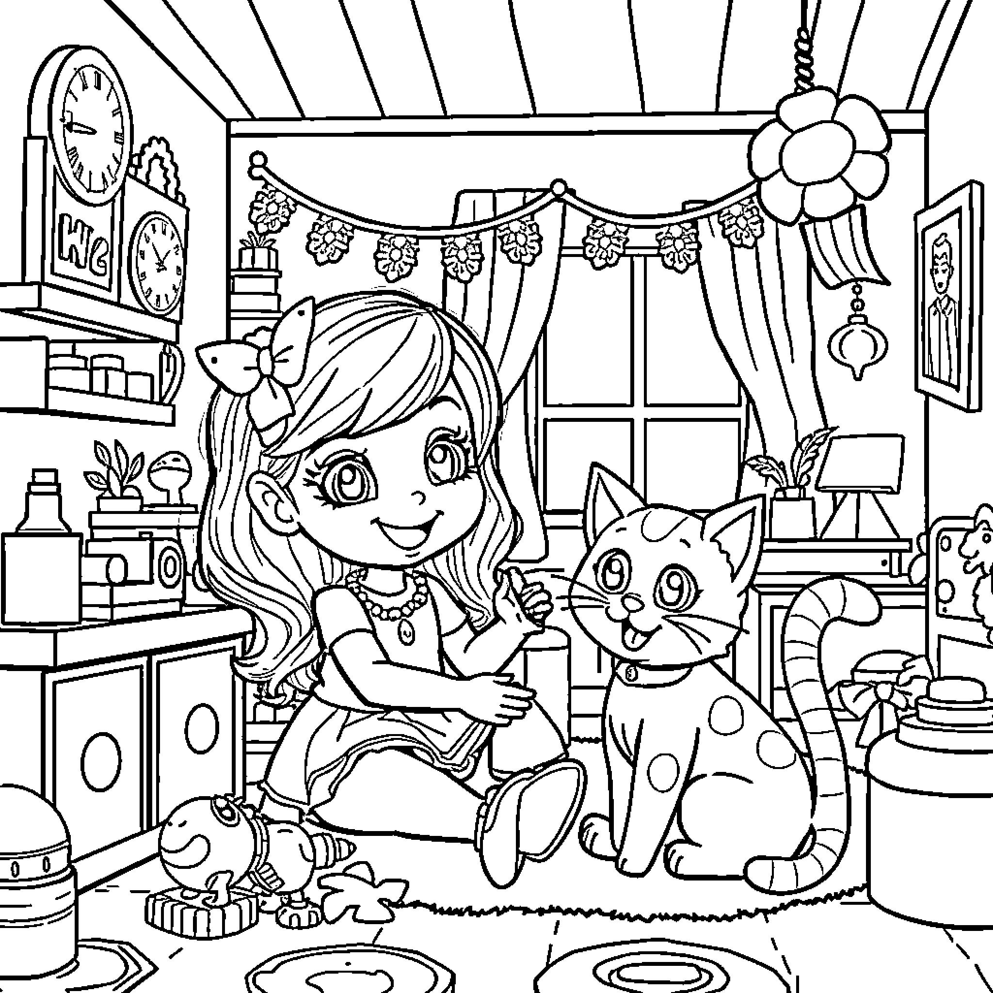 Gabby playing happily with her pet cat in her cozy room Coloring Page (free black-and-white line drawing printable PDF for all, from beginners to advanced learners, including children, teens, adults, and seniors)
