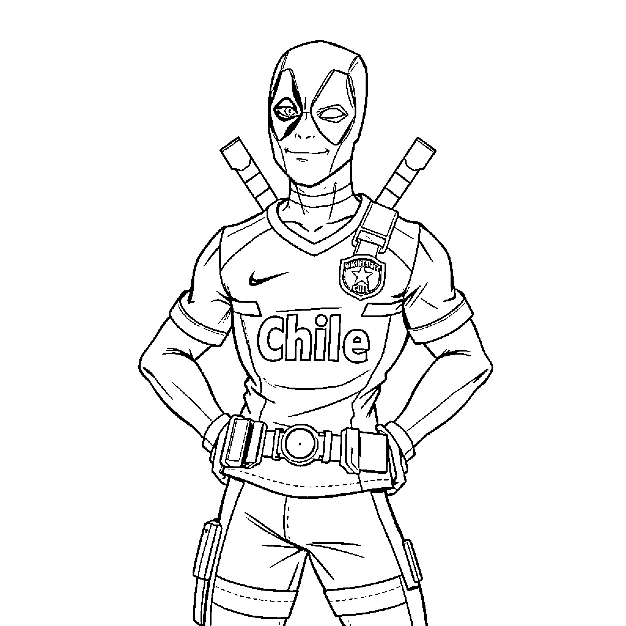 Deadpool in Chile soccer jersey with weapons Coloring Page (free black-and-white line drawing printable PDF for all, from beginners to advanced learners, including children, teens, adults, and seniors)