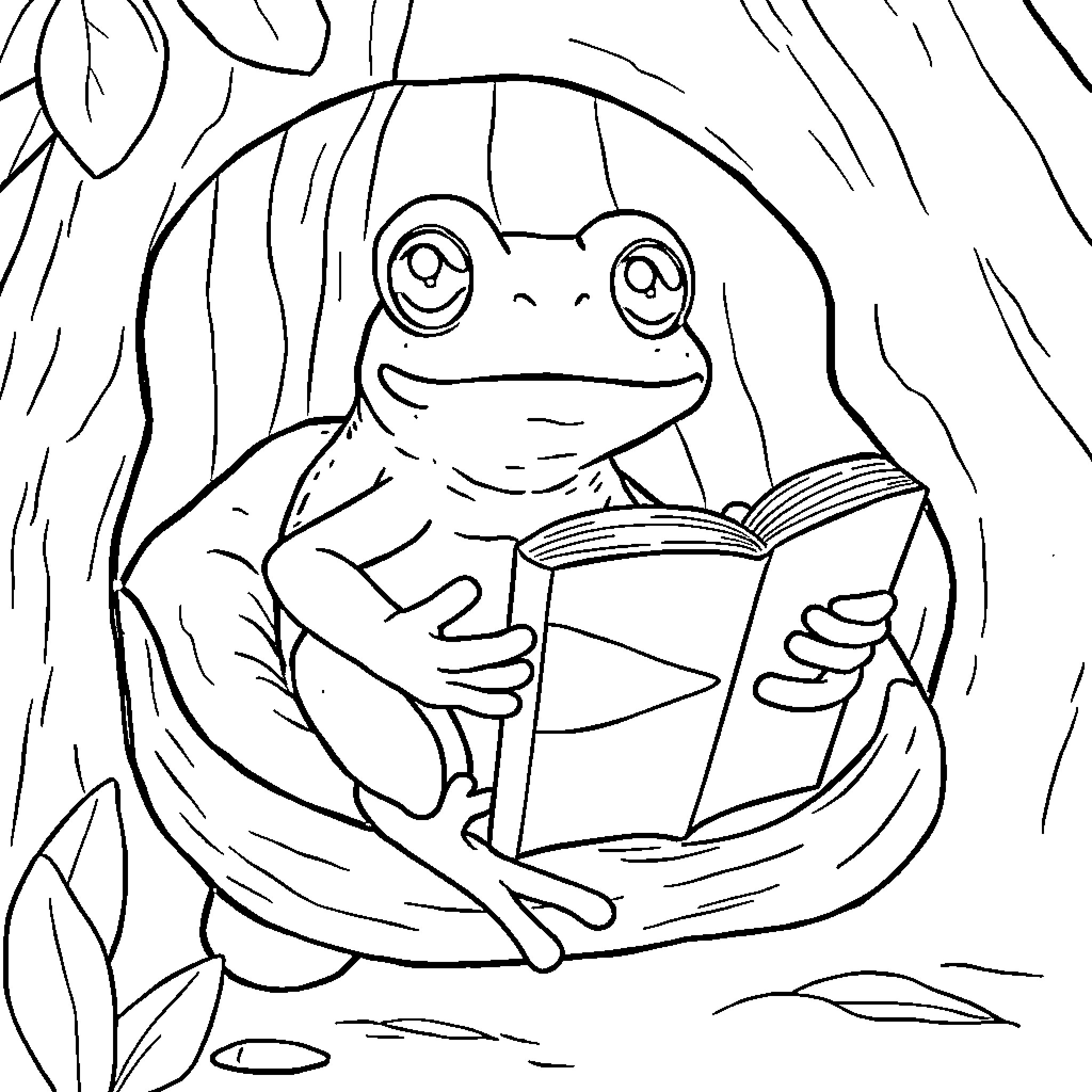 Coqui Reading a Book in the Forest Coloring Page (free black-and-white line drawing printable PDF for all, from beginners to advanced learners, including children, teens, adults, and seniors)