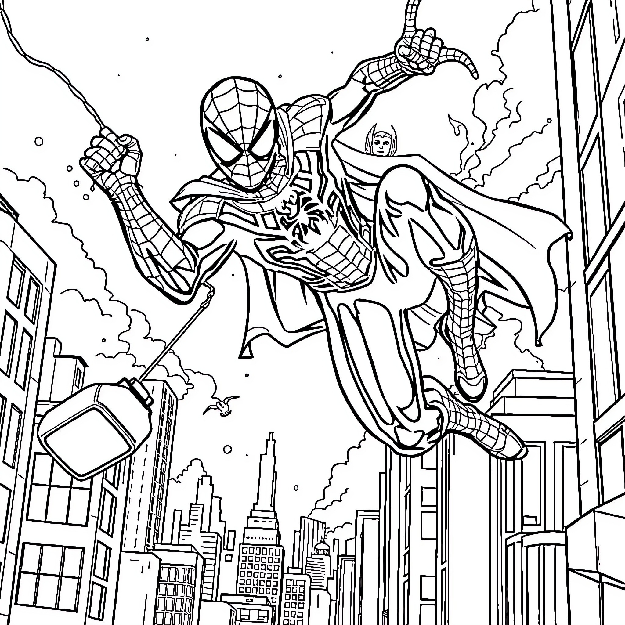 Spiderman swinging through the city in action Coloring Page (free black-and-white line drawing printable PDF for all, from beginners to advanced learners, including children, teens, adults, and seniors)