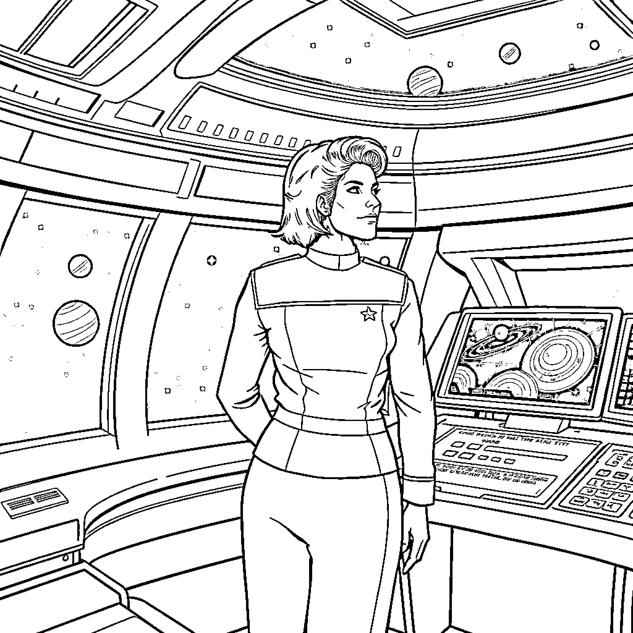 Captain Janeway Commanding the Starship Bridge Coloring Page (free black-and-white line drawing printable PDF for all, from beginners to advanced learners, including children, teens, adults, and seniors)
