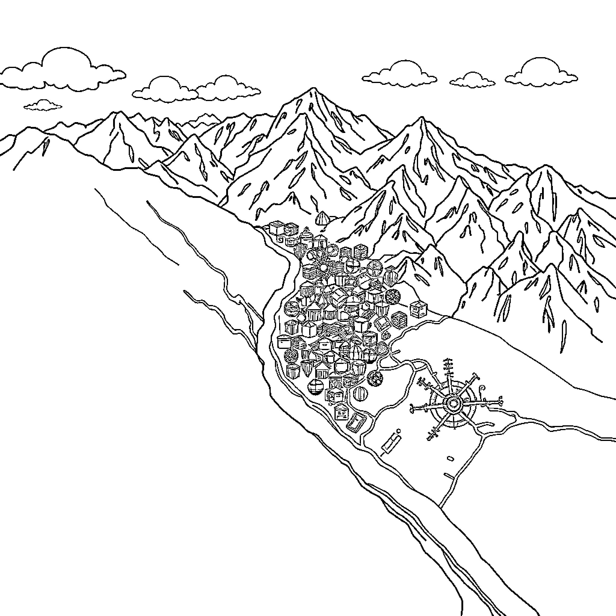Map of a mountainous town and its surroundings Coloring Page (free black-and-white line drawing printable PDF for all, from beginners to advanced learners, including children, teens, adults, and seniors)