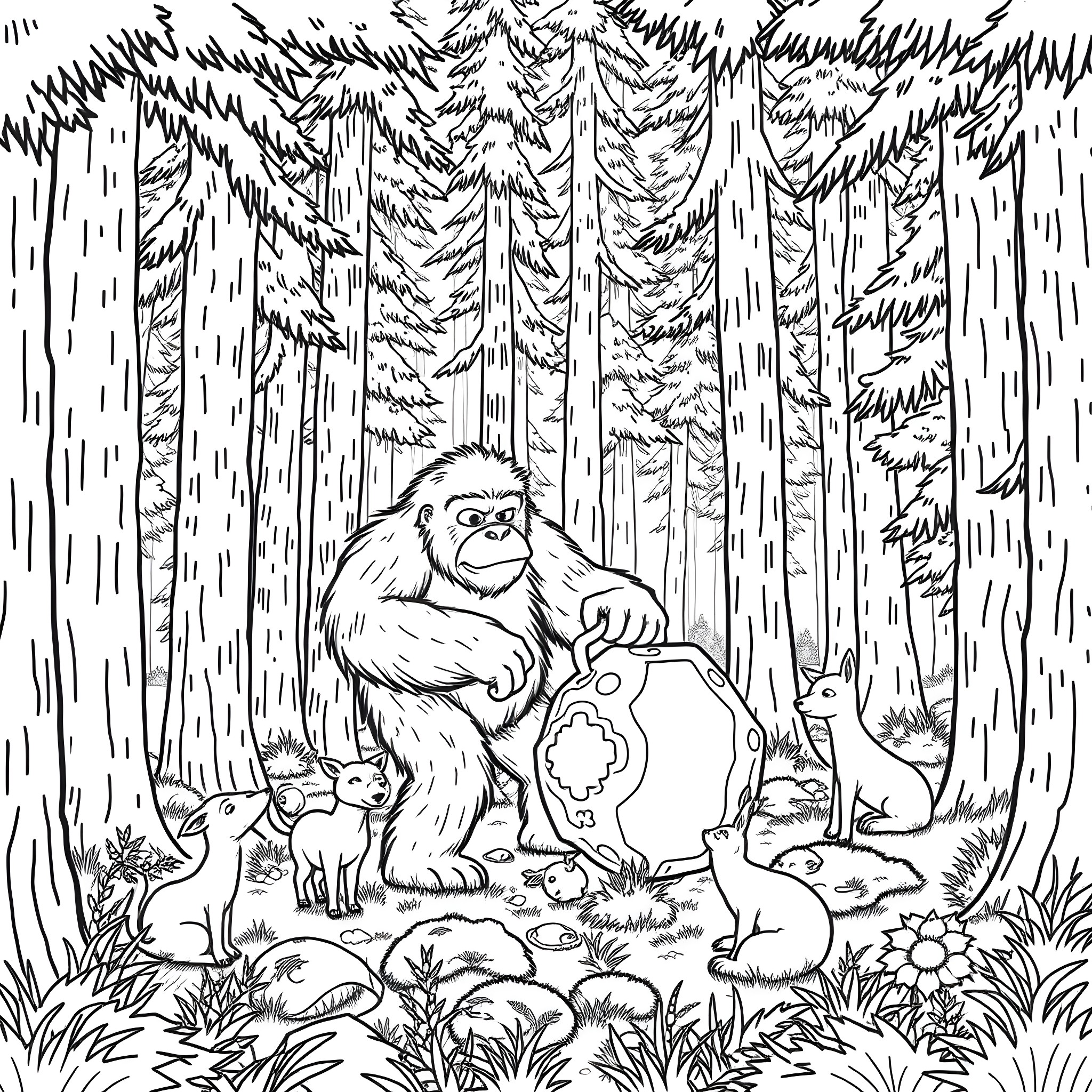 Bigfoot resting in the forest with animal companions Coloring Page (free black-and-white line drawing printable PDF for all, from beginners to advanced learners, including children, teens, adults, and seniors)