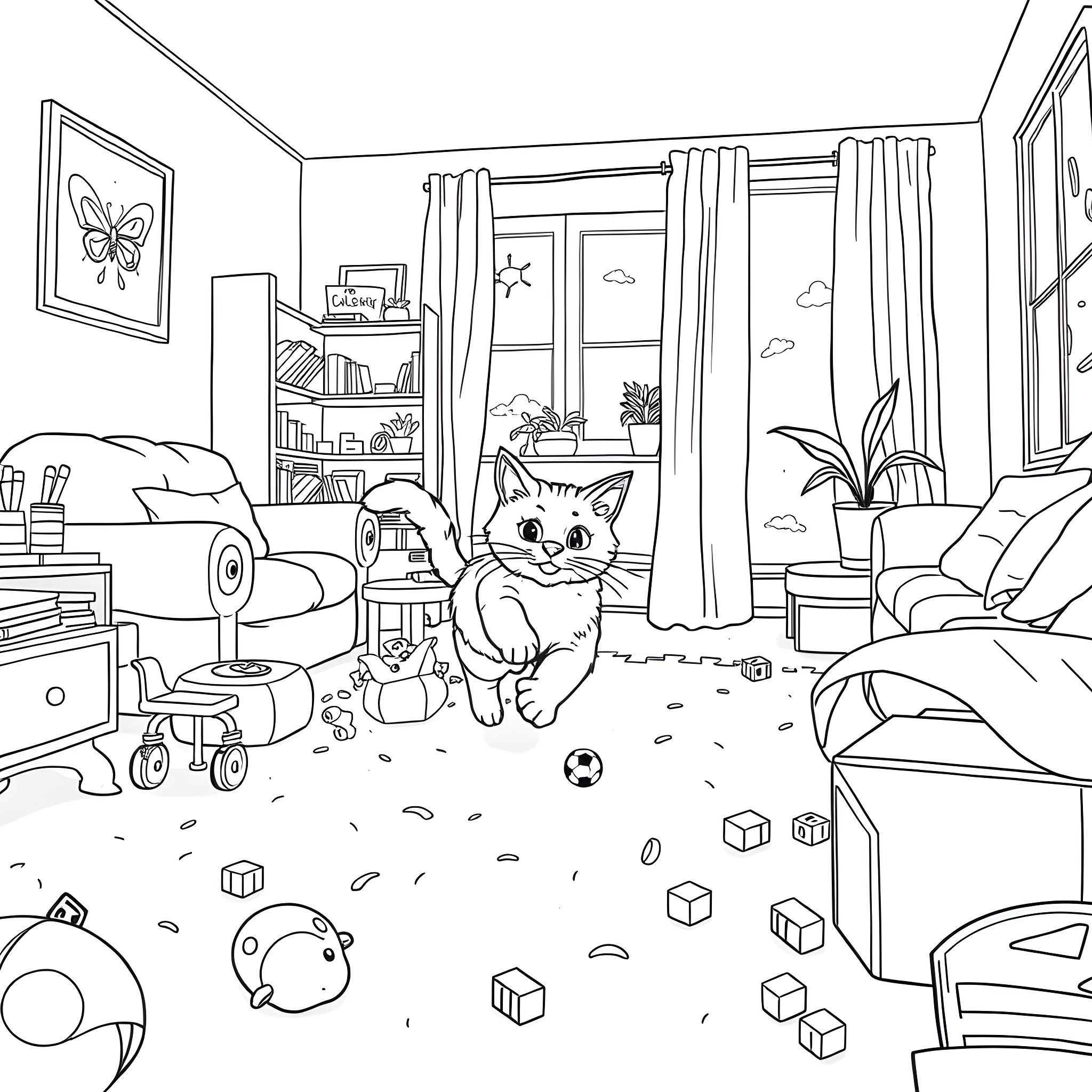 Cat playing among toys in messy bedroom Coloring Page (free black-and-white line drawing printable PDF for all, from beginners to advanced learners, including children, teens, adults, and seniors)