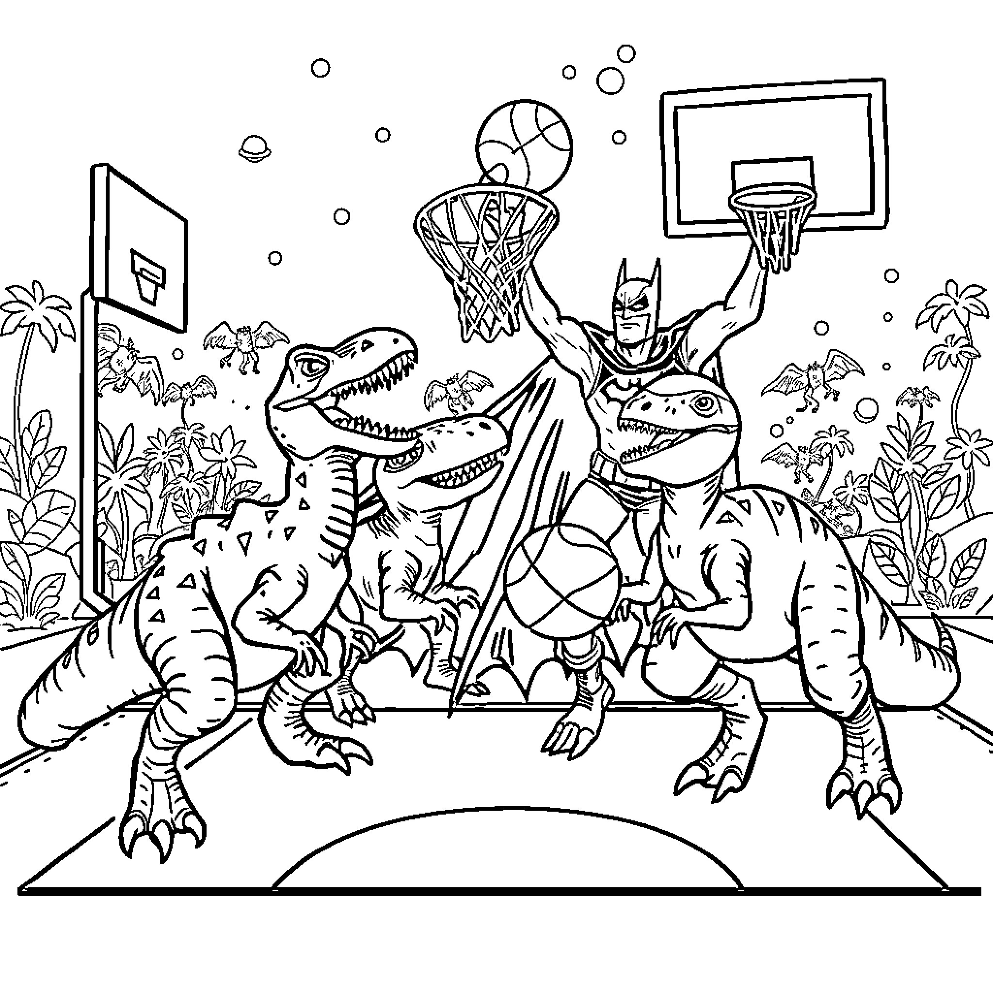 Dinosaurs Playing Basketball in the Jungle Coloring Page (free black-and-white line drawing printable PDF for all, from beginners to advanced learners, including children, teens, adults, and seniors)