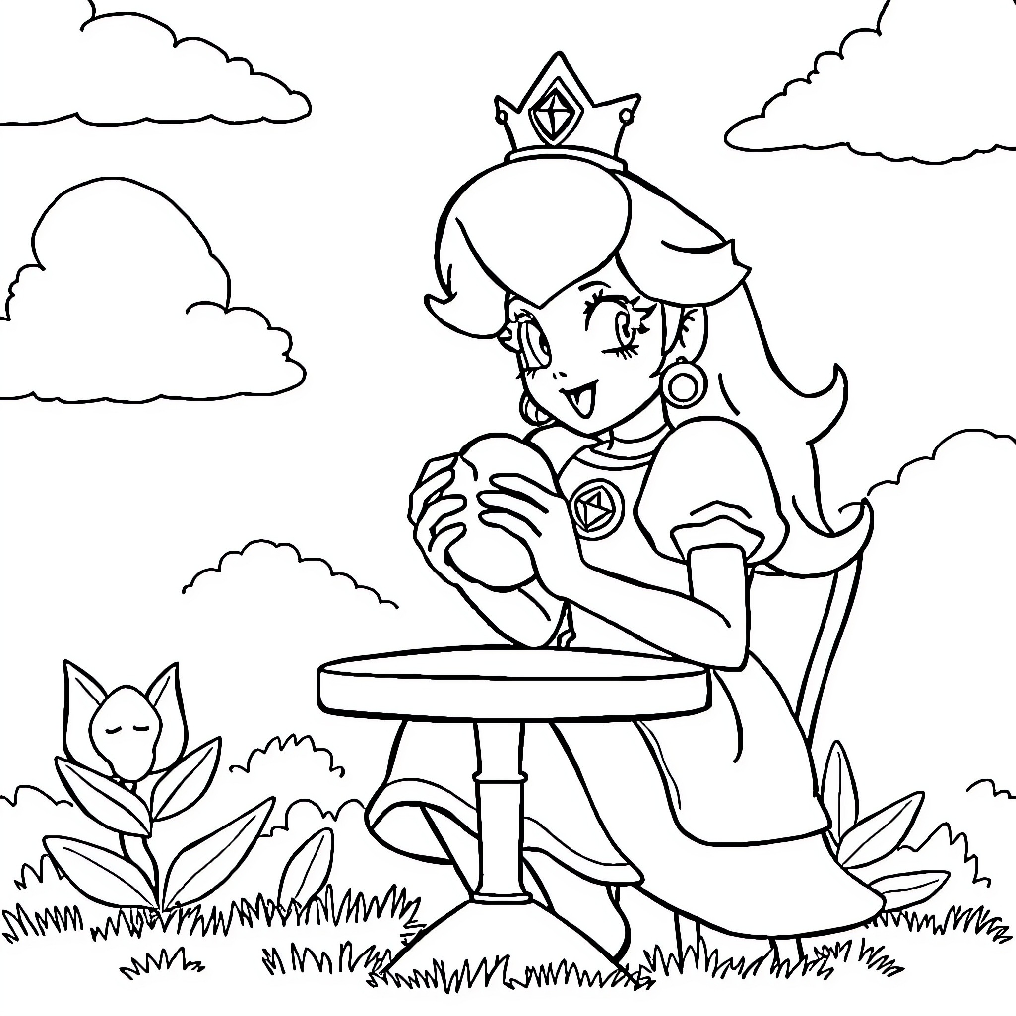 Princess Peach enjoys a peaceful day outdoors Coloring Page (free black-and-white line drawing printable PDF for all, from beginners to advanced learners, including children, teens, adults, and seniors)