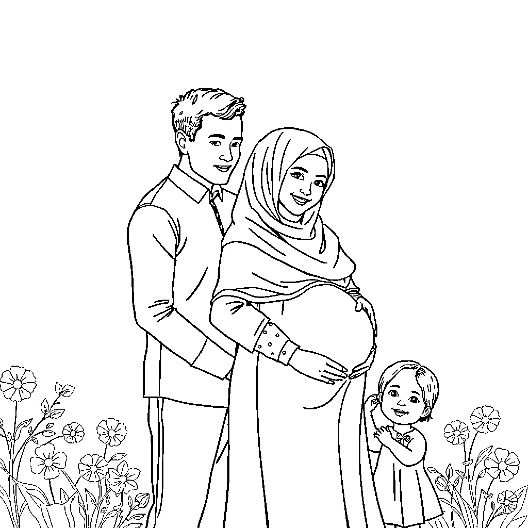 Couple embracing with a child outdoors Coloring Page (free black-and-white line drawing printable PDF for all, from beginners to advanced learners, including children, teens, adults, and seniors)