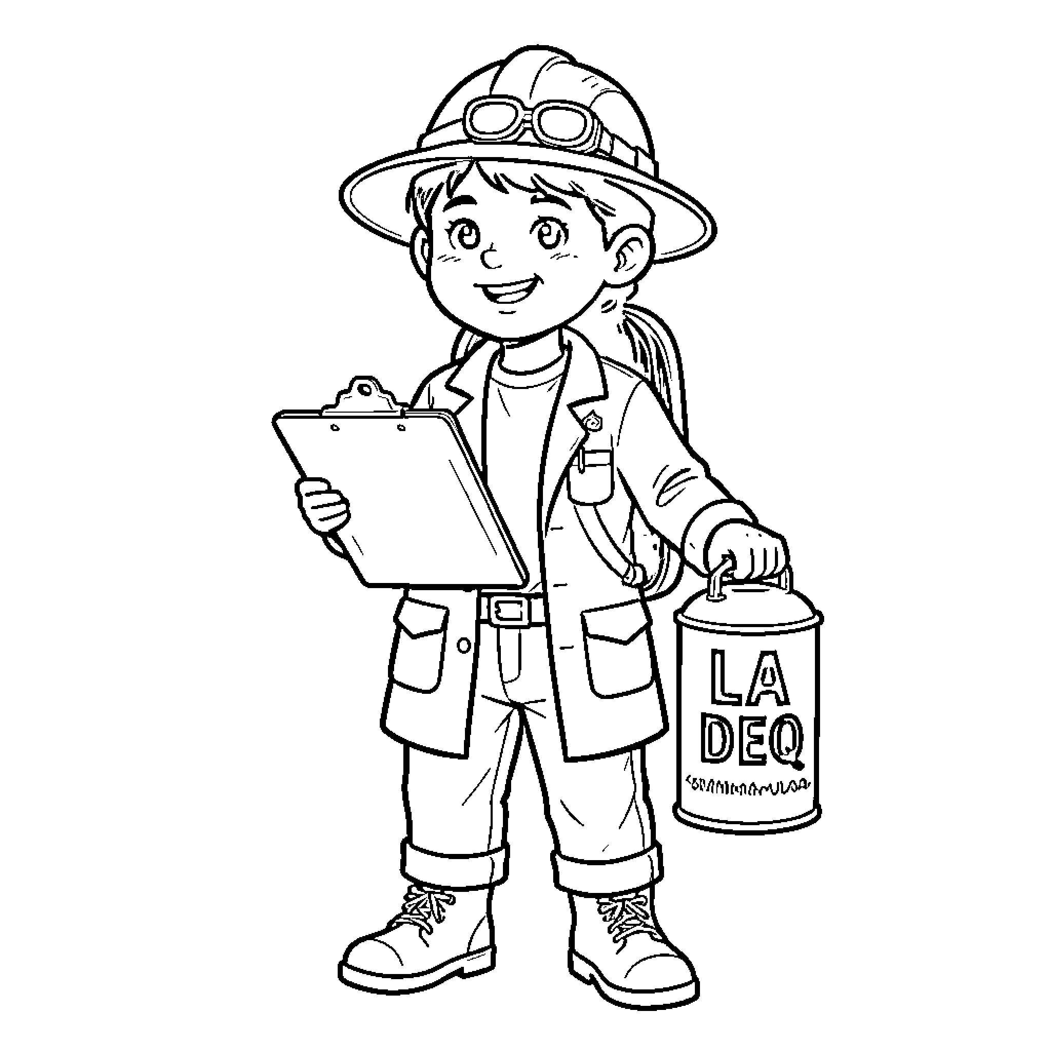 Child explorer holding clipboard and equipment Coloring Page (free black-and-white line drawing printable PDF for all, from beginners to advanced learners, including children, teens, adults, and seniors)