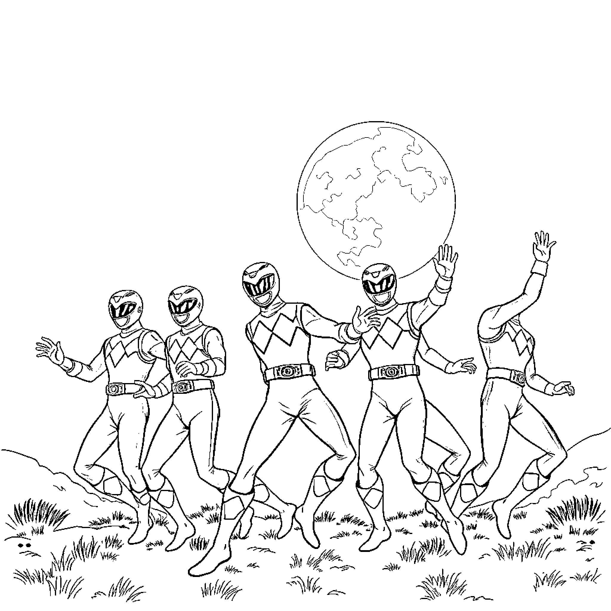 Power Rangers Jumping into Action Coloring Page (free black-and-white line drawing printable PDF for all, from beginners to advanced learners, including children, teens, adults, and seniors)