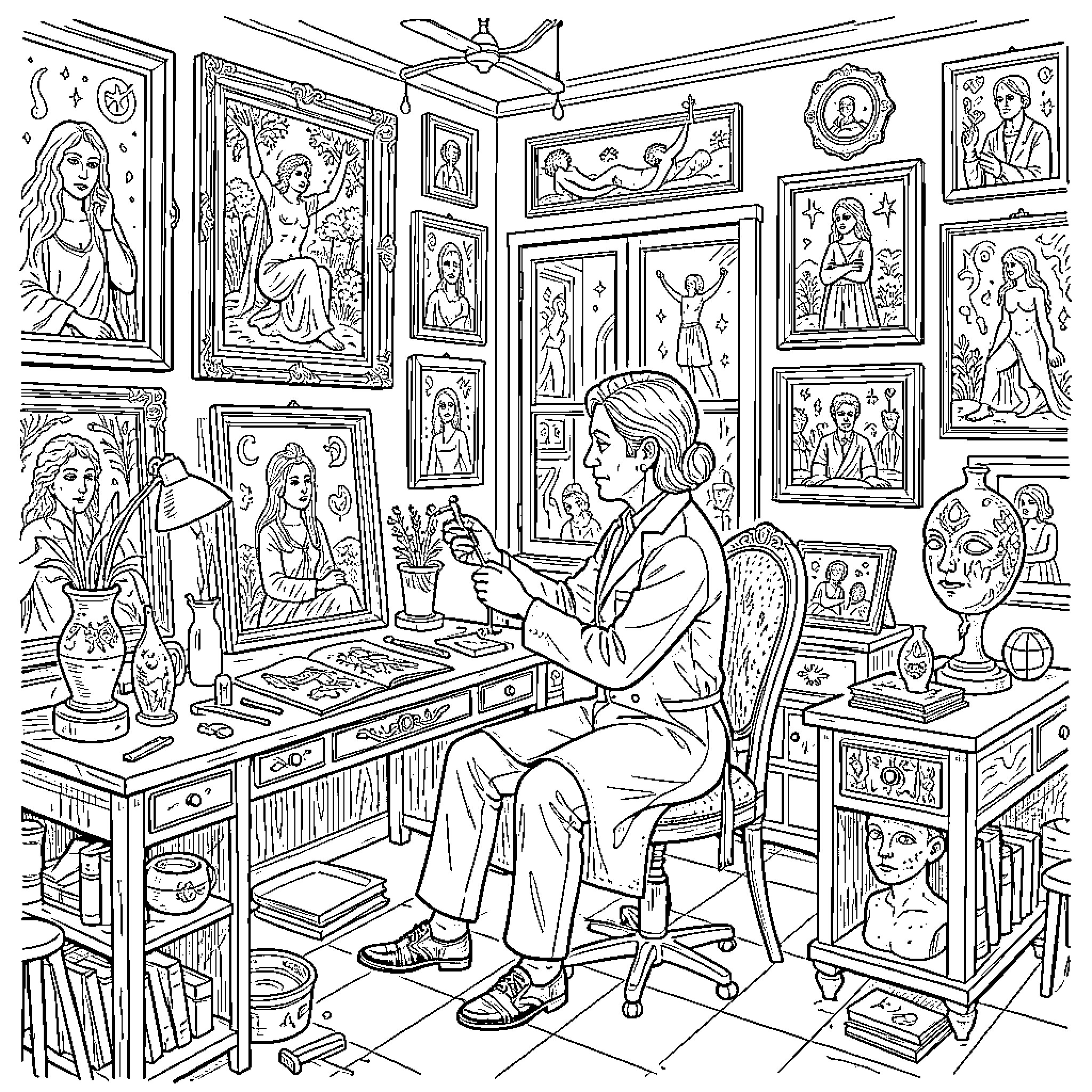 Remedios Varo: Artist at Work in Her Eclectic Studio Coloring Page (free black-and-white line drawing printable PDF for all, from beginners to advanced learners, including children, teens, adults, and seniors)